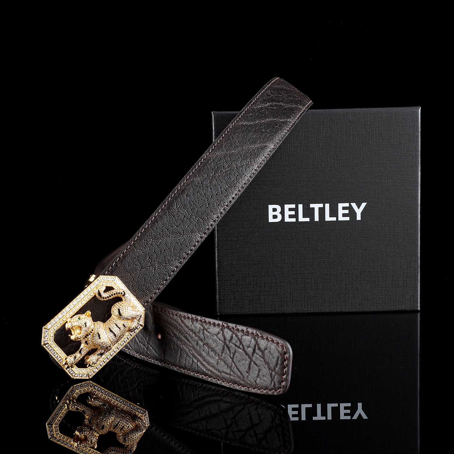 BELTLEY Classic Elephant Leather Belt – Espresso Brown-Tiger Buckle