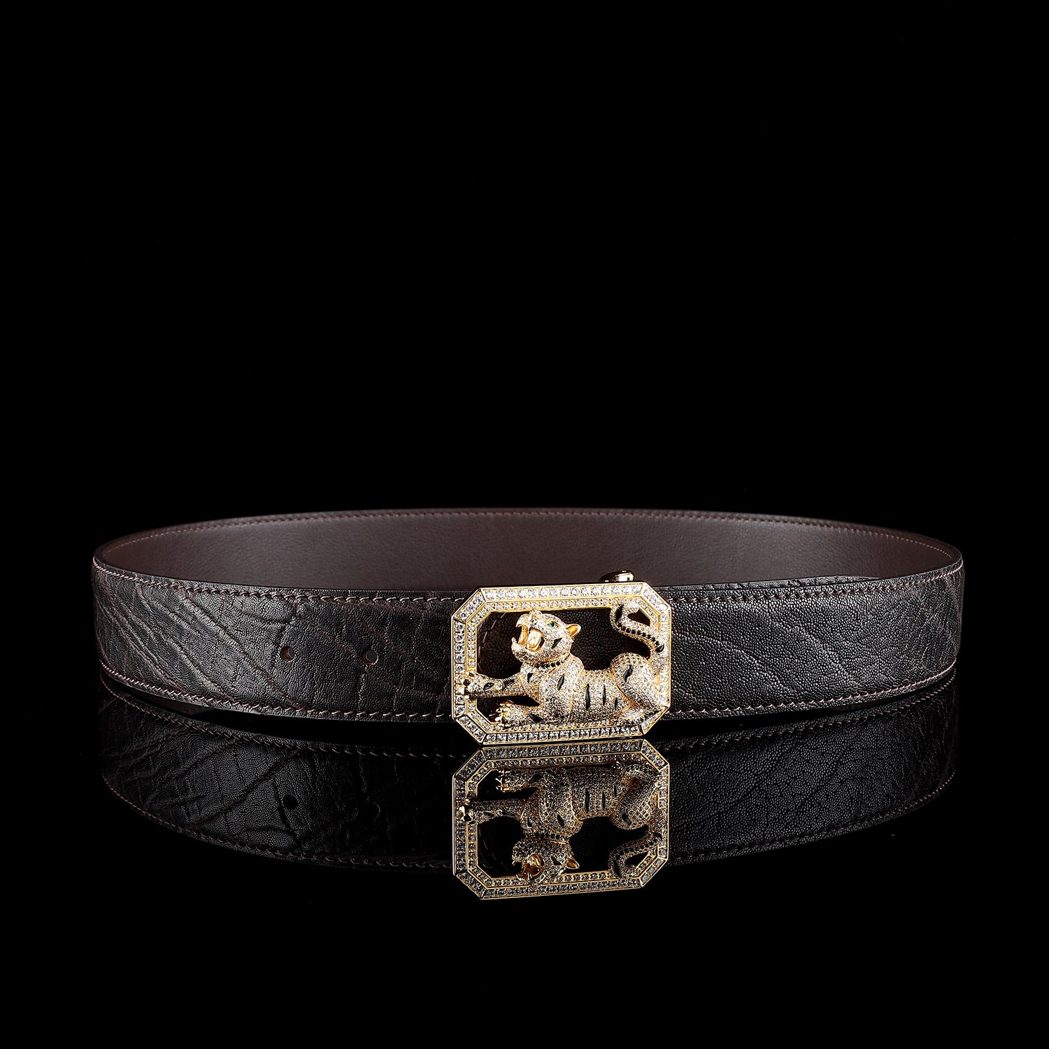 BELTLEY Classic Elephant Leather Belt – Espresso Brown-Tiger Buckle