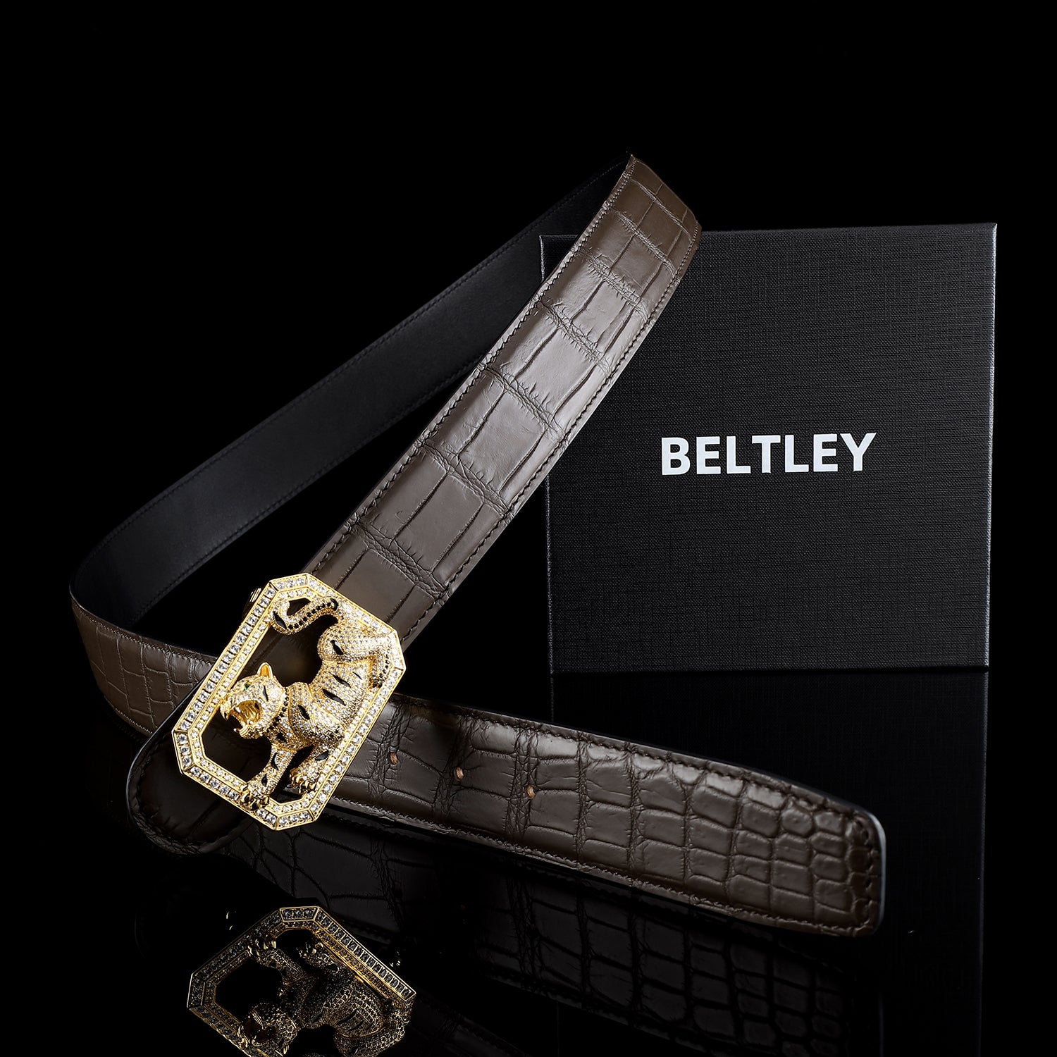 BELTLEY Classic Espresso Crocodile Belt with Tiger Buckle