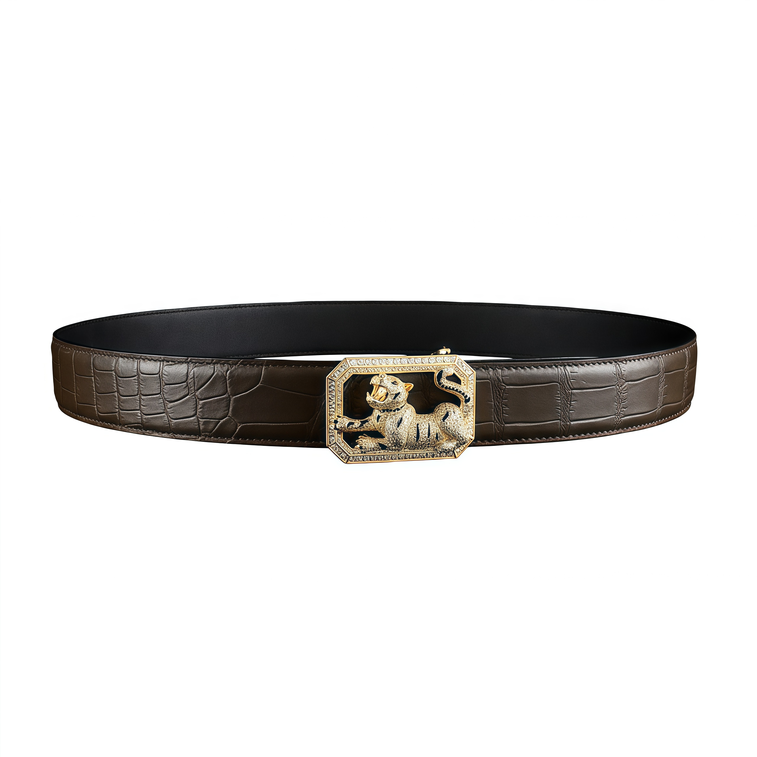 BELTLEY Classic Espresso Crocodile Belt with Tiger Buckle