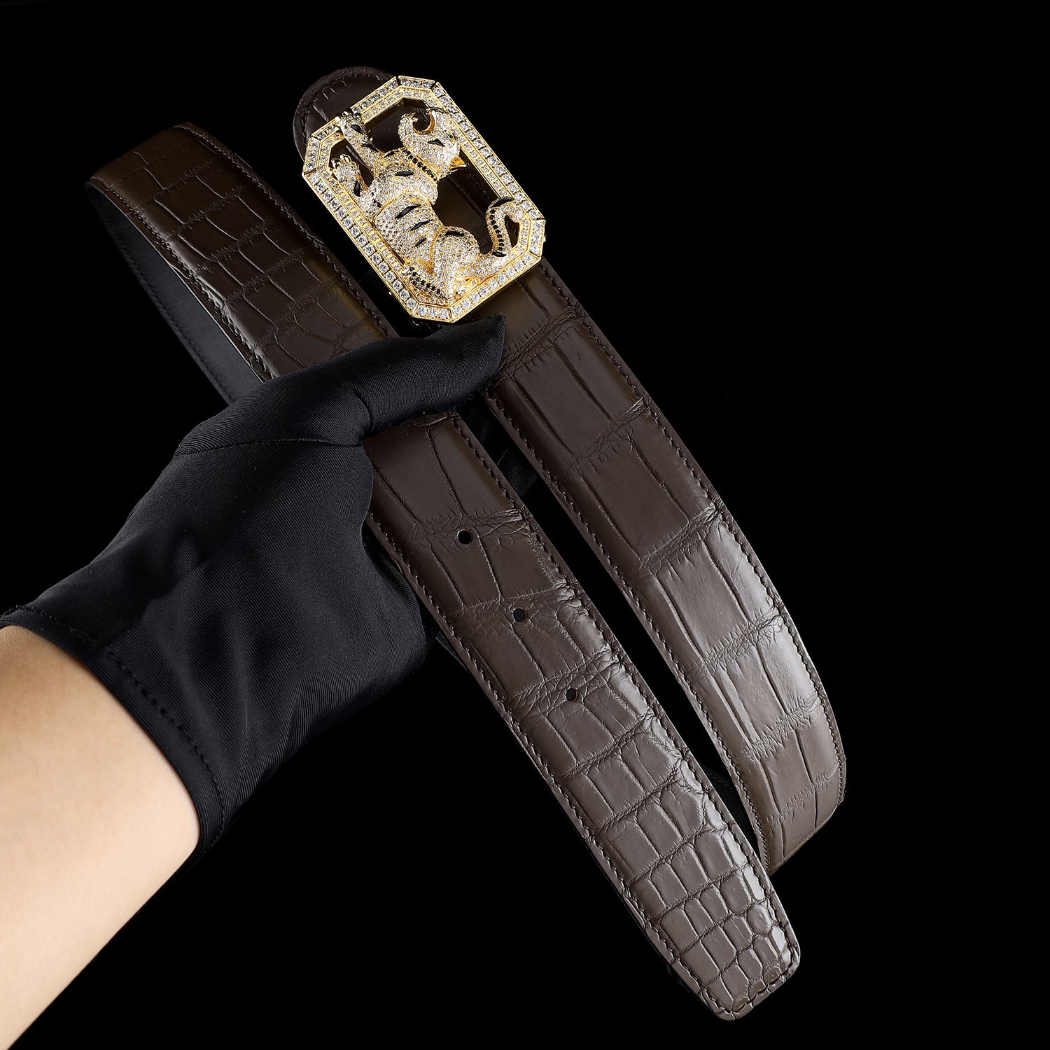 BELTLEY Classic Espresso Crocodile Belt with Tiger Buckle