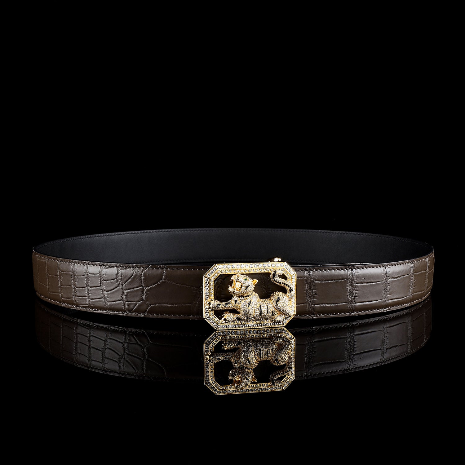 BELTLEY Classic Espresso Crocodile Belt with Tiger Buckle