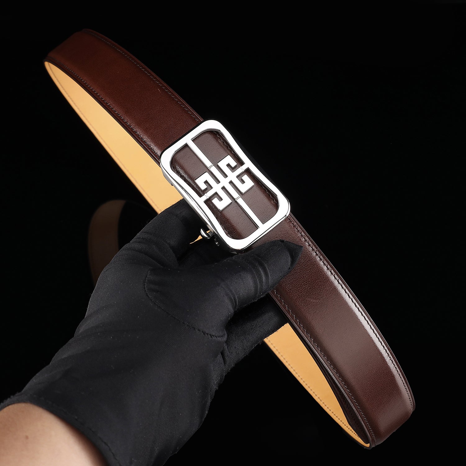 BELTLEY Unisex Calfskin Leather Belt with “Unique” Buckle