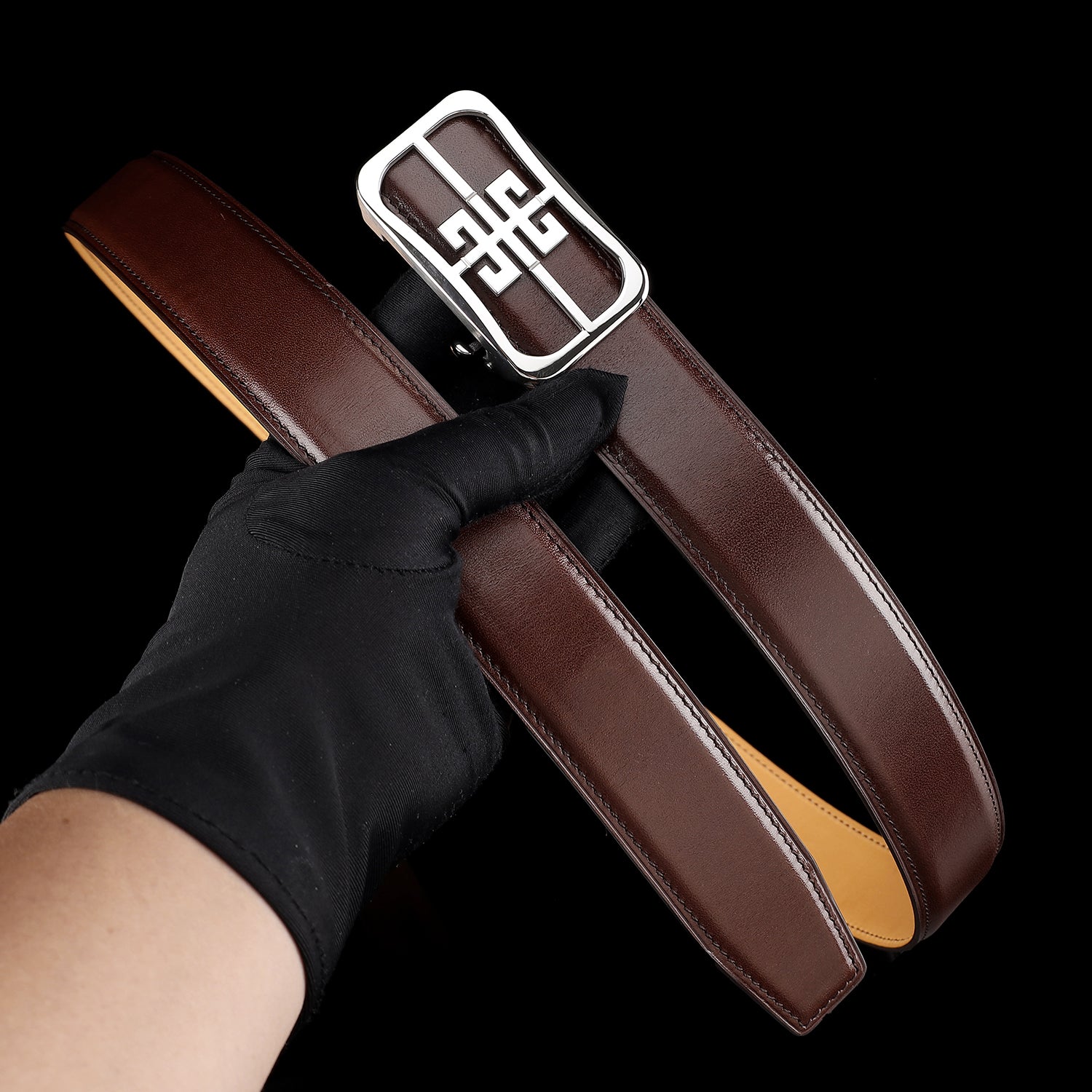 BELTLEY Unisex Calfskin Leather Belt with “Unique” Buckle