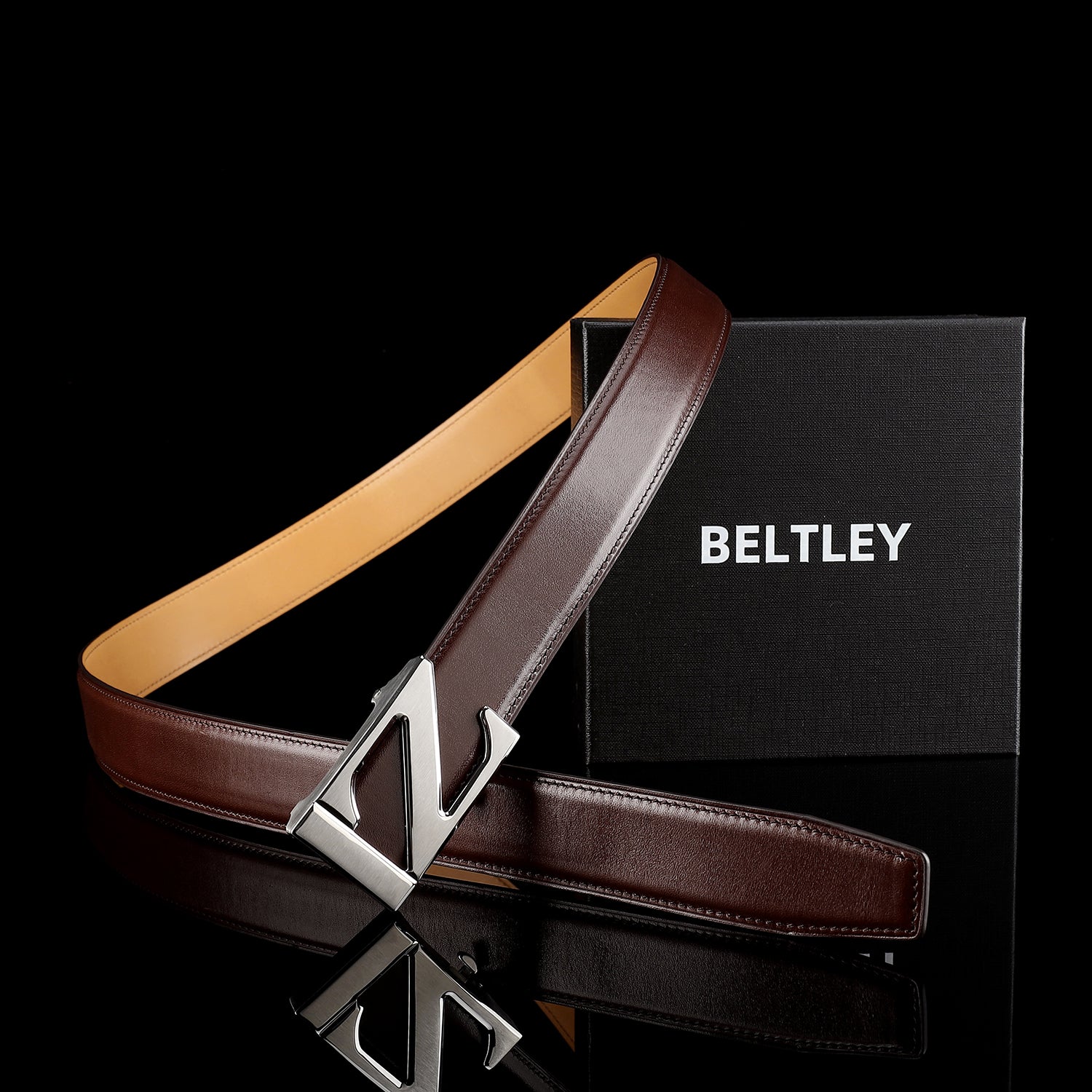 Classic Full-Grain Calfskin Leather Belt with “Z” Buckle — lifestyle shot | BELTLEY
