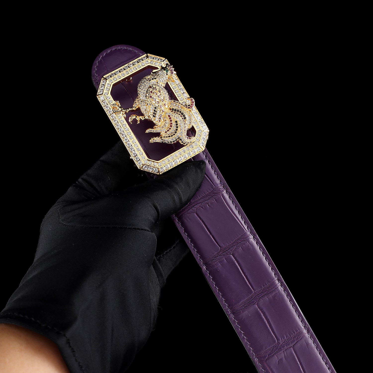 BELTLEY Collector Edition Purple Nile Crocodile Belt With Rooster Buckle