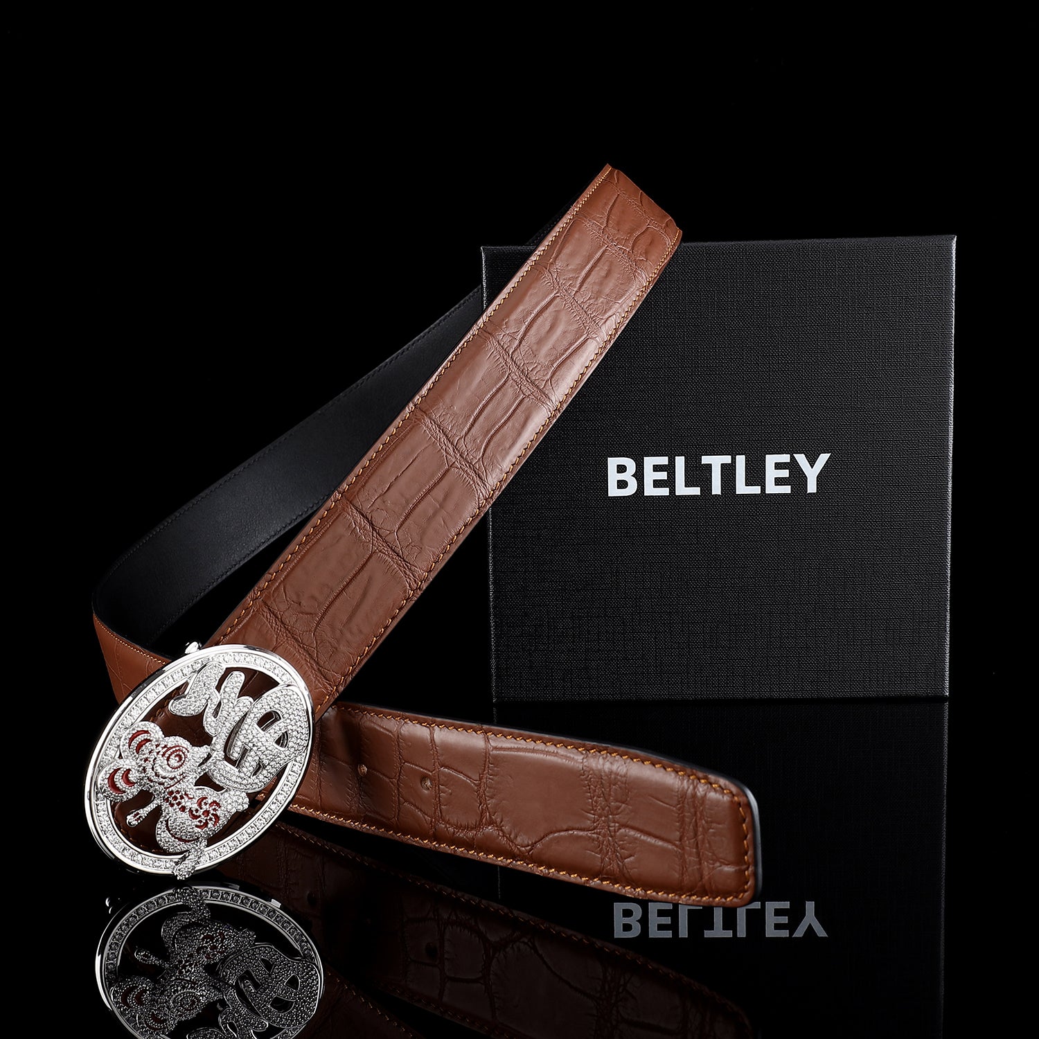 BELTLEY Crocodile Belt in Brown with Unique Fortune Rat Buckle