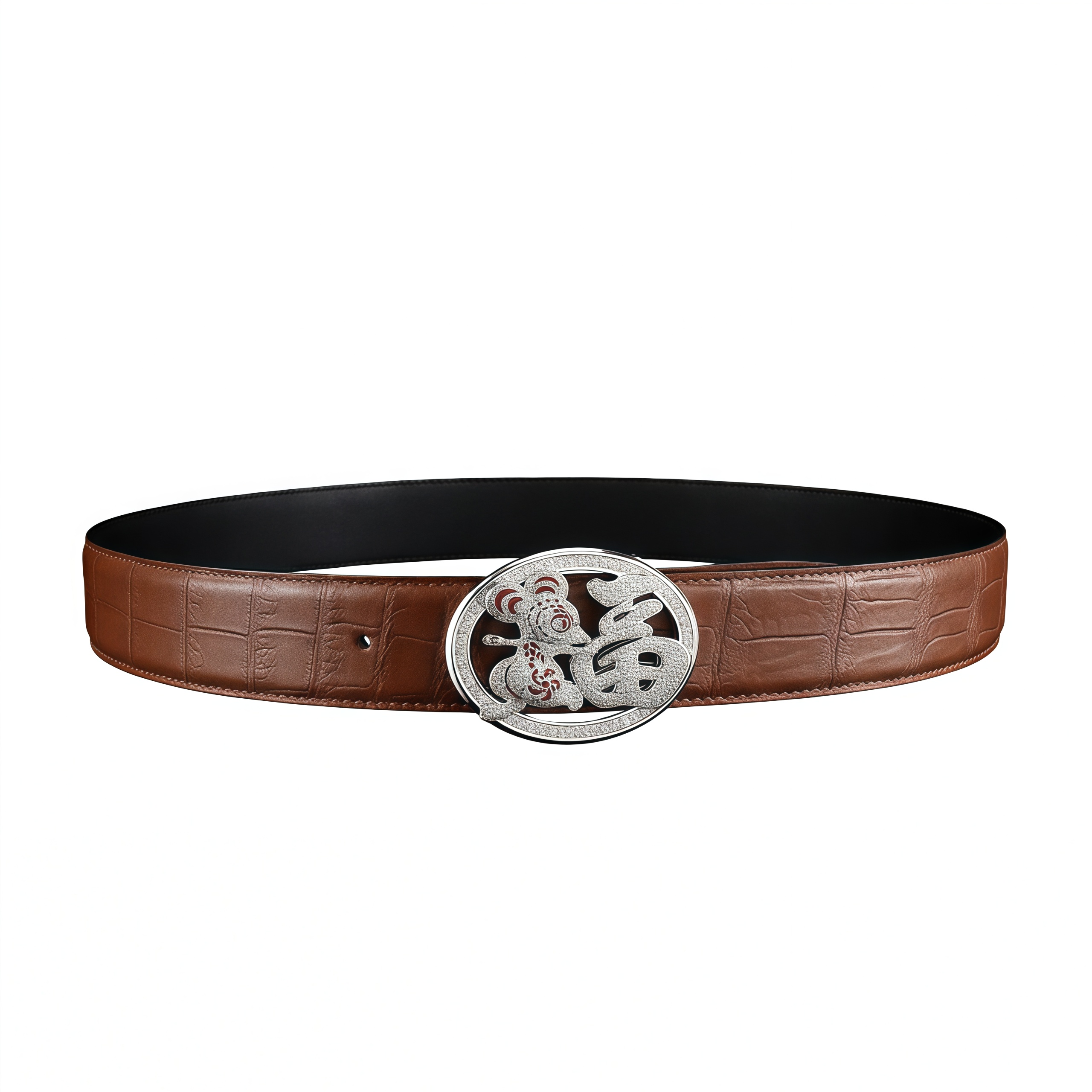 BELTLEY Crocodile Belt in Brown with Unique Fortune Rat Buckle