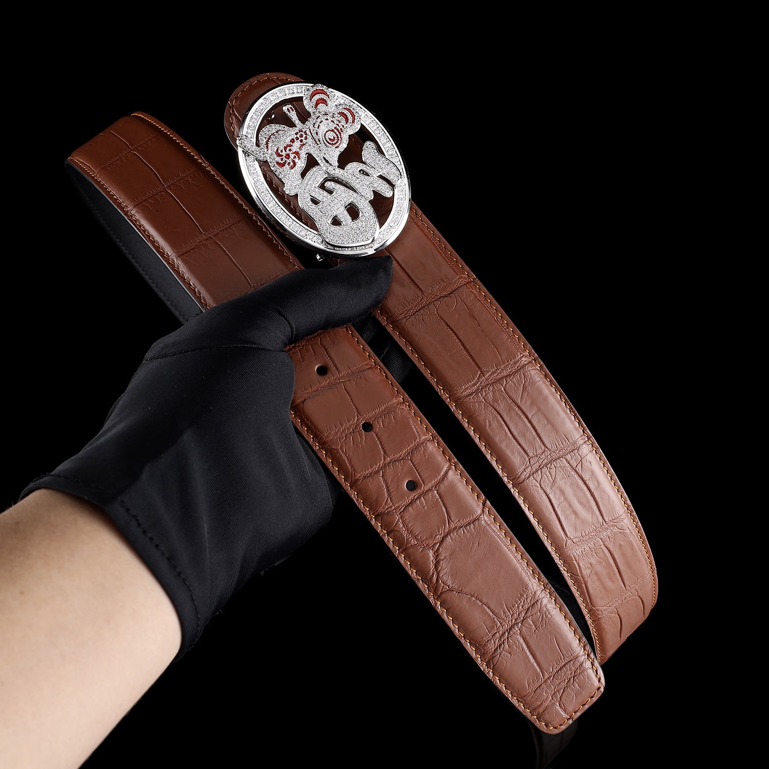 BELTLEY Crocodile Belt in Brown with Unique Fortune Rat Buckle