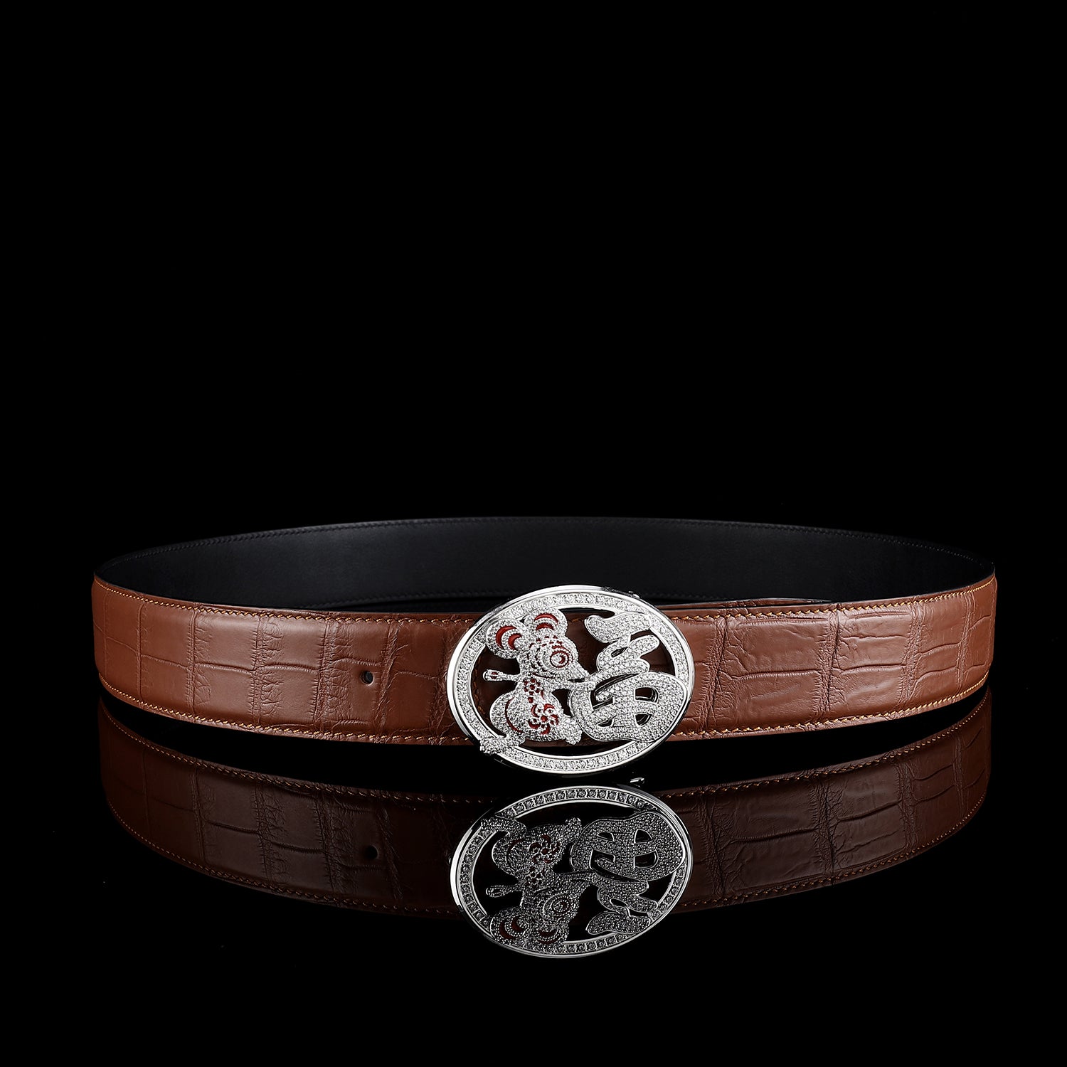 BELTLEY Crocodile Belt in Brown with Unique Fortune Rat Buckle