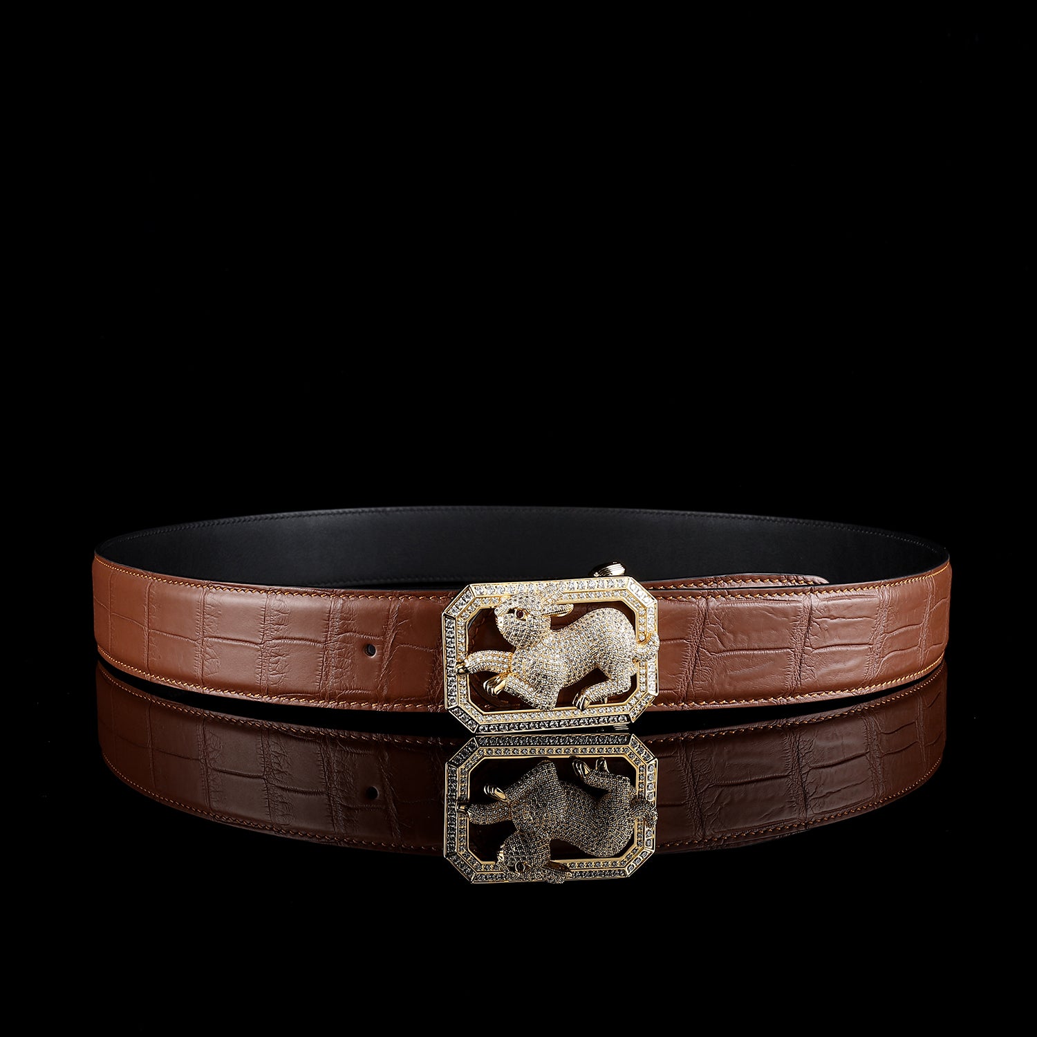 BELTLEY Crocodile Leather Belt in Chestnut Brown Finish