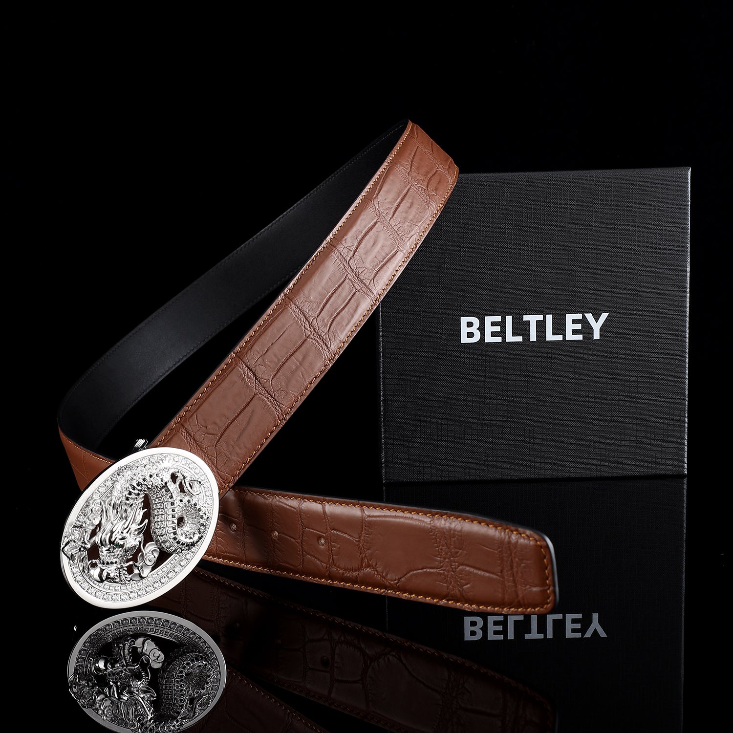 BELTLEY  Crocodile Skin Men’s Belt In Chestnut Brown with 3D Long Buckle