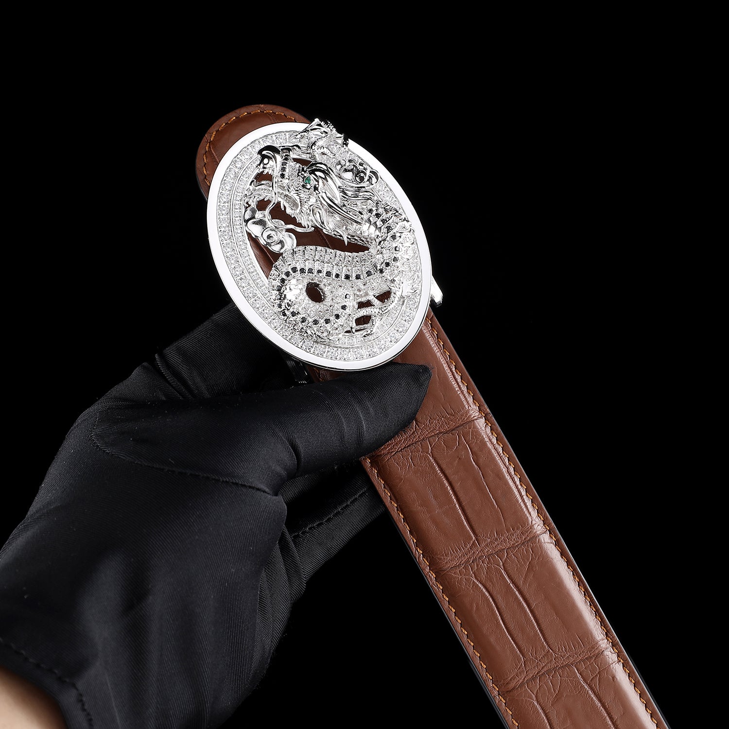 BELTLEY  Crocodile Skin Men’s Belt In Chestnut Brown with 3D Long Buckle