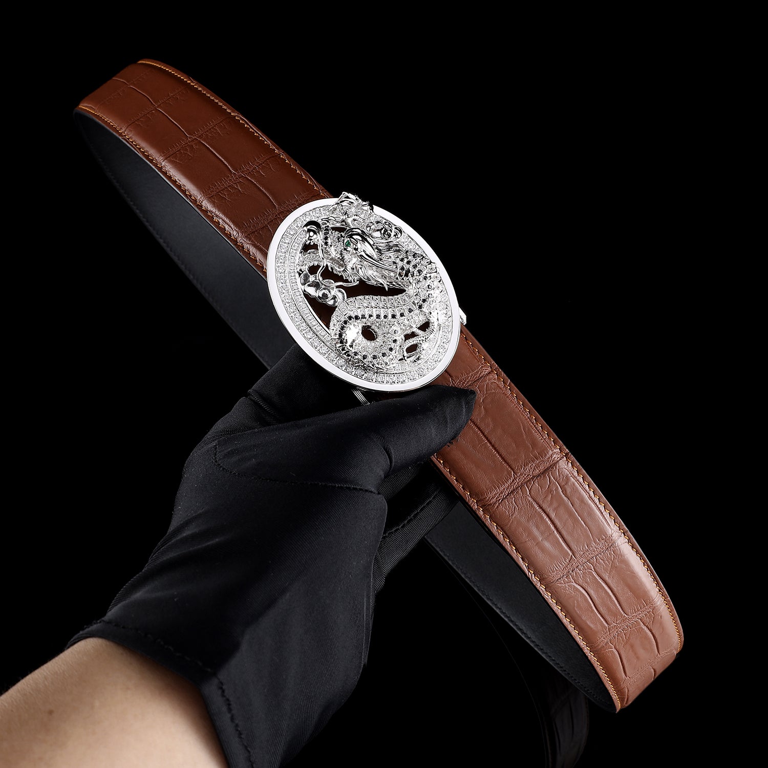 BELTLEY  Crocodile Skin Men’s Belt In Chestnut Brown with 3D Long Buckle