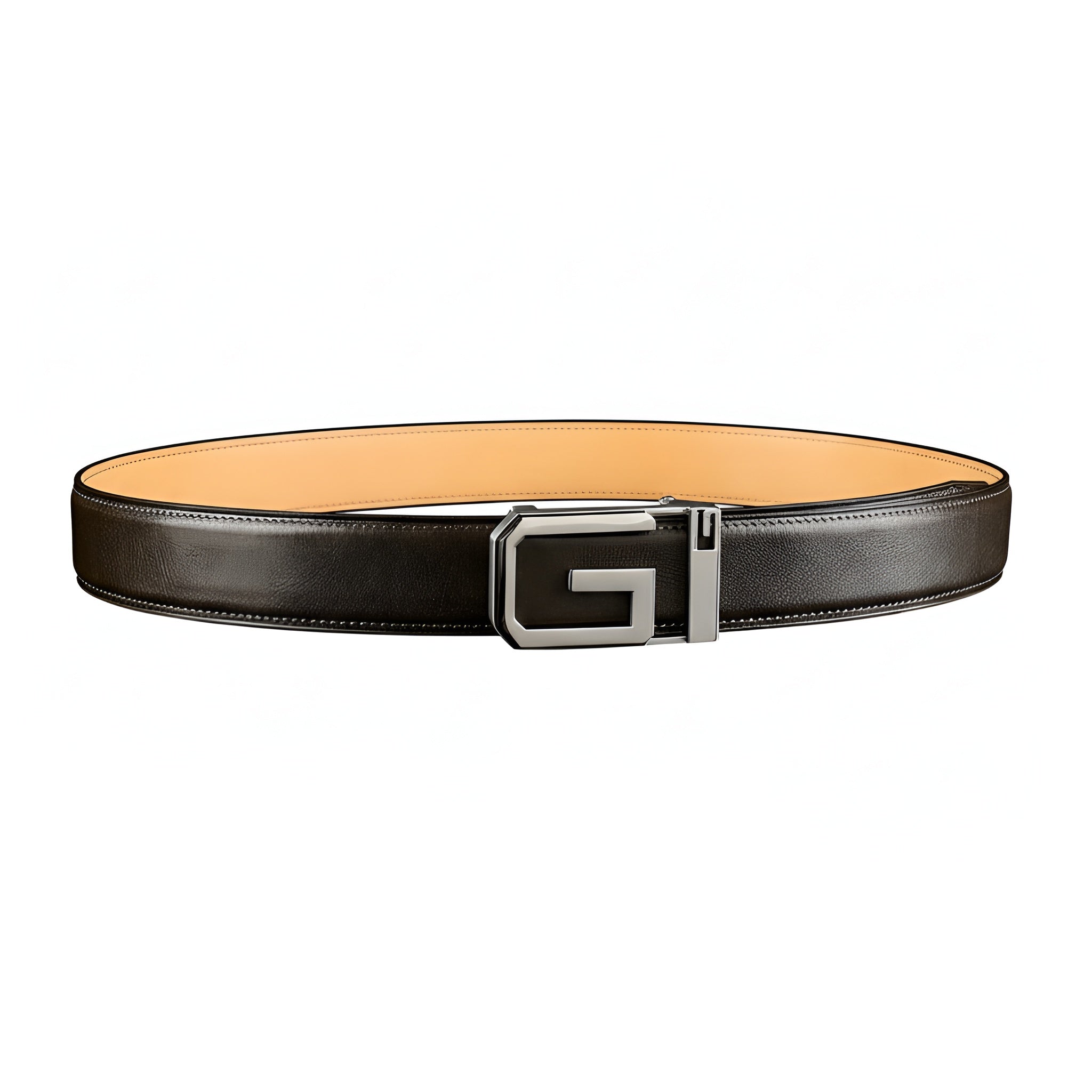 Brown Full-Grain Calfskin Leather Belt with Signature “G” Buckle — side detail | BELTLEY