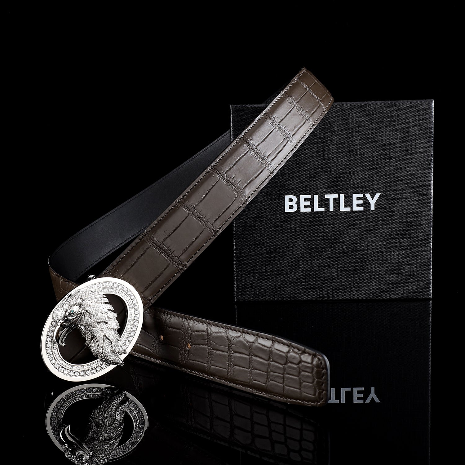 BELTLEY Dark Brown Crocodile Belt – Handmade With Silver Eagle Buckle