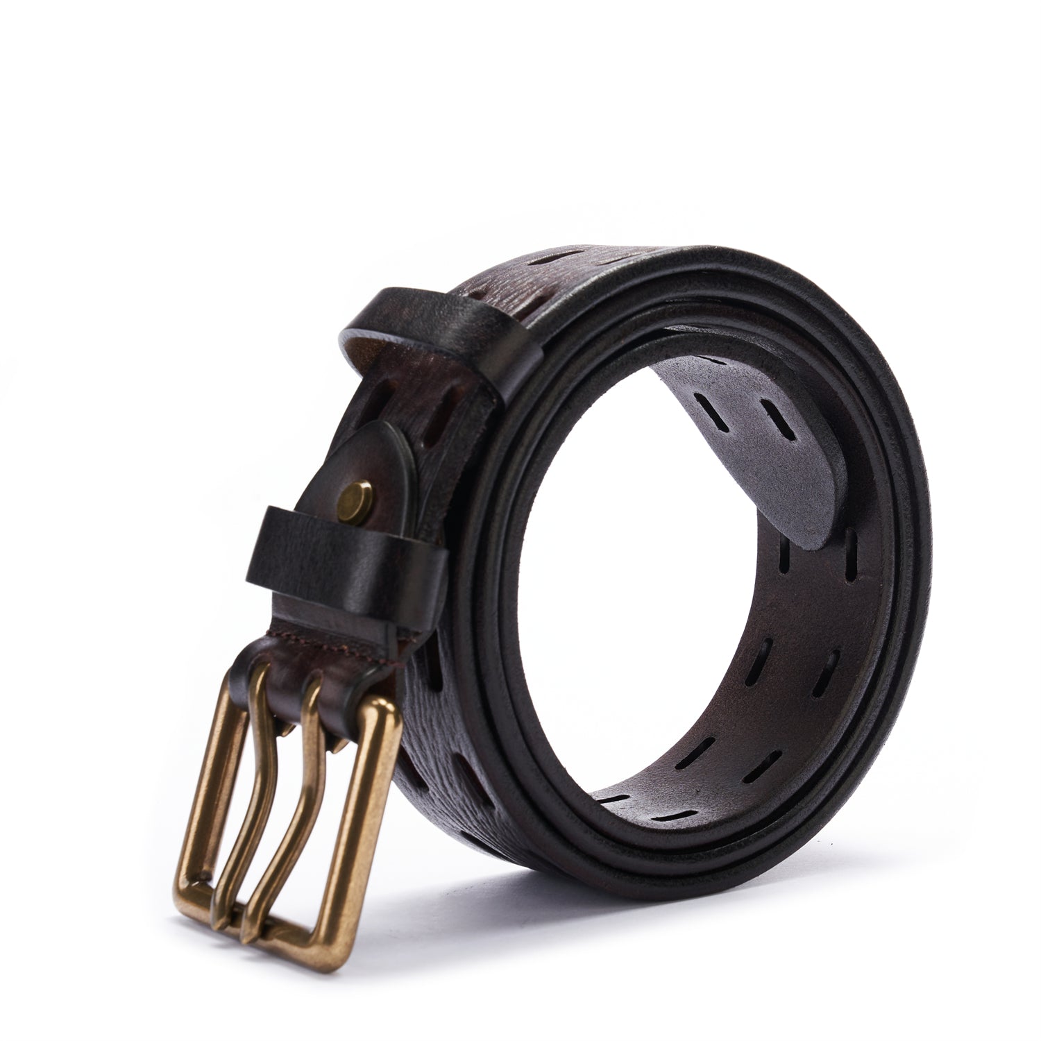 BELTLEY Dark Brown Double Prong Leather Belt for Men 1.5 Inches