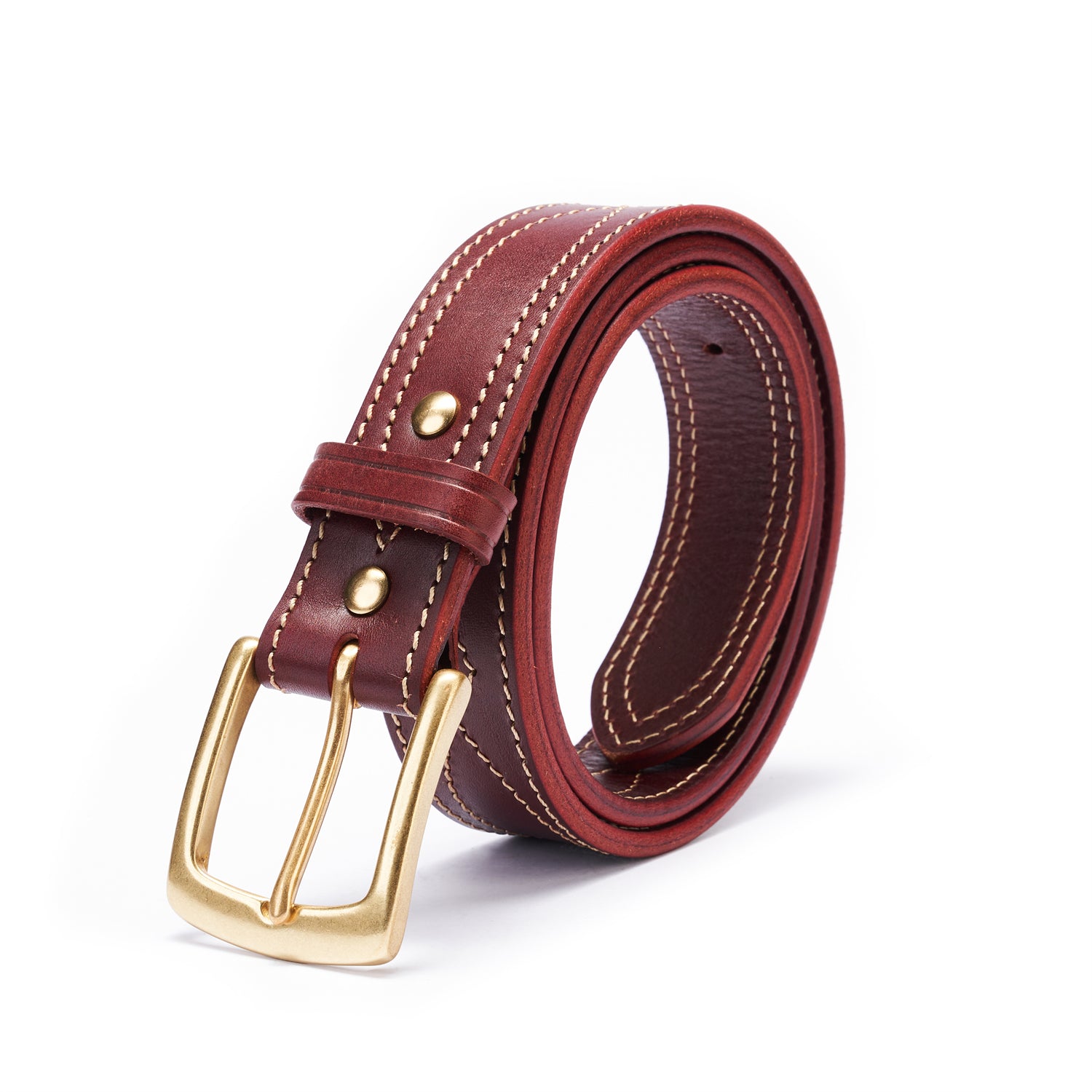 BELTLEY Deep Claret Stitch Belt – Solid Brass Buckle Edition  Double Layer