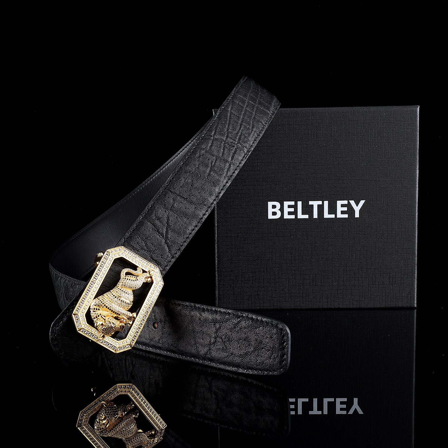 BELTLEY Elite Black Elephant Leather Belt With Unique Bull Buckle-1.5 "