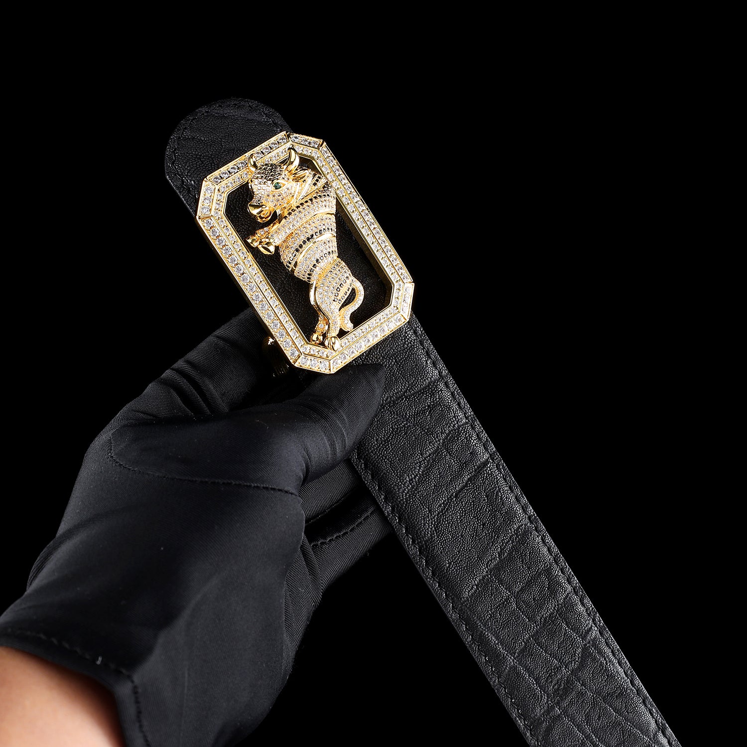 BELTLEY Elite Black Elephant Leather Belt With Unique Bull Buckle-1.5 "