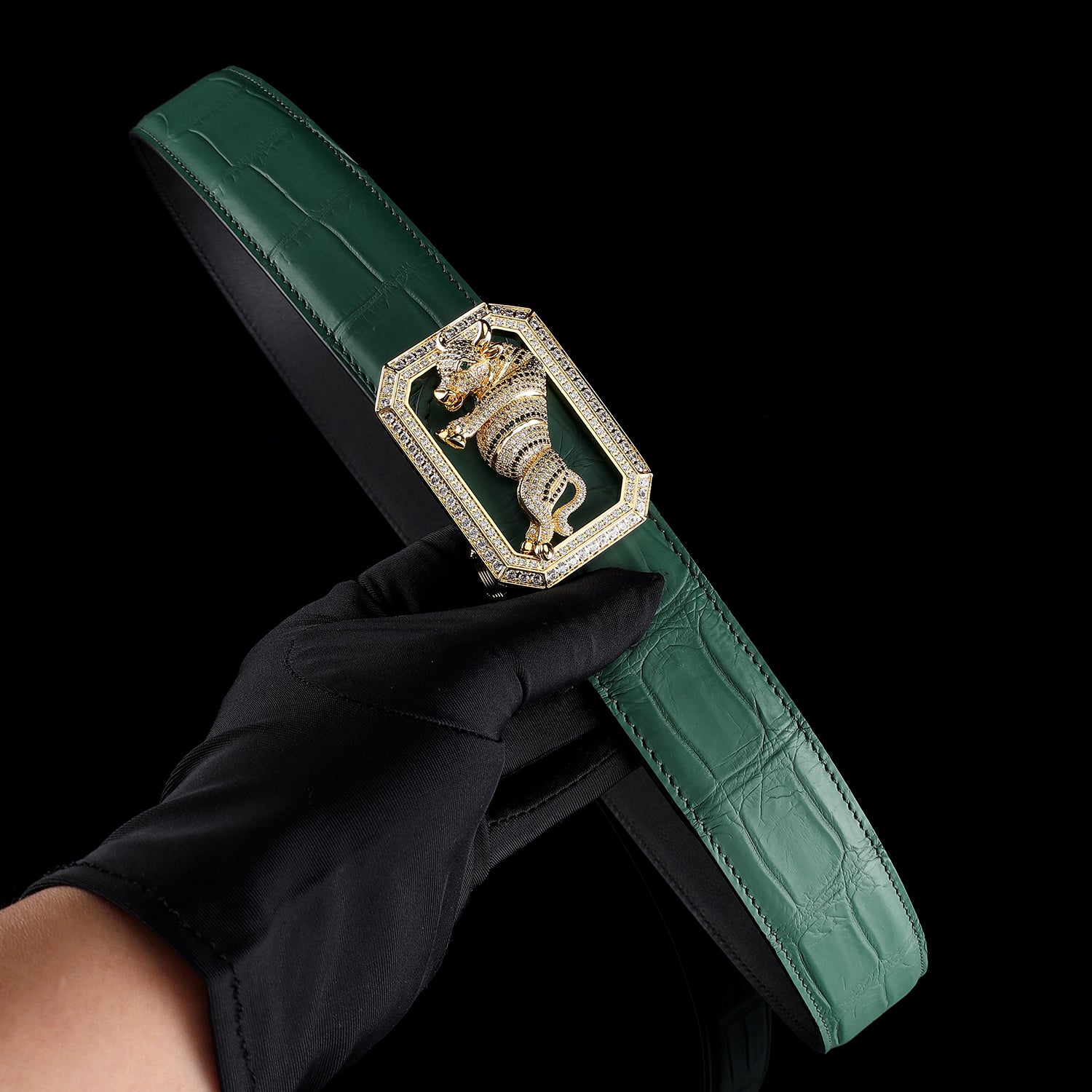BELTLEY Emerald Green Crocodile Belt Mens with Bull Buckle
