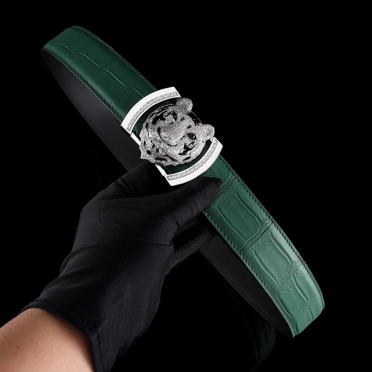 BELTLEY Emerald Green Crocodile Belt for Gentlemen With Tiger Buckle