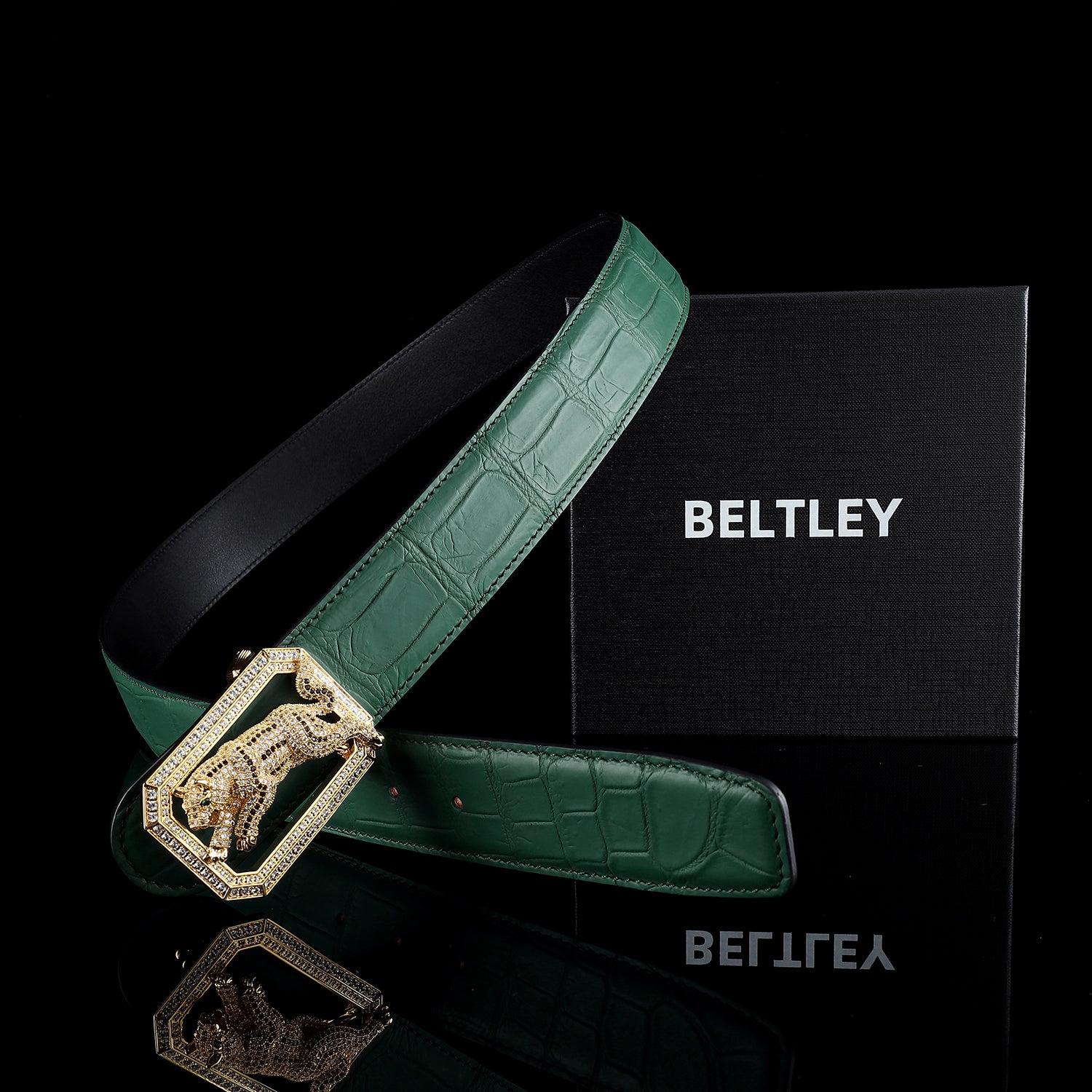 BELTLEY Emerald Green Crocodile Belt for Men with Dog Buckle