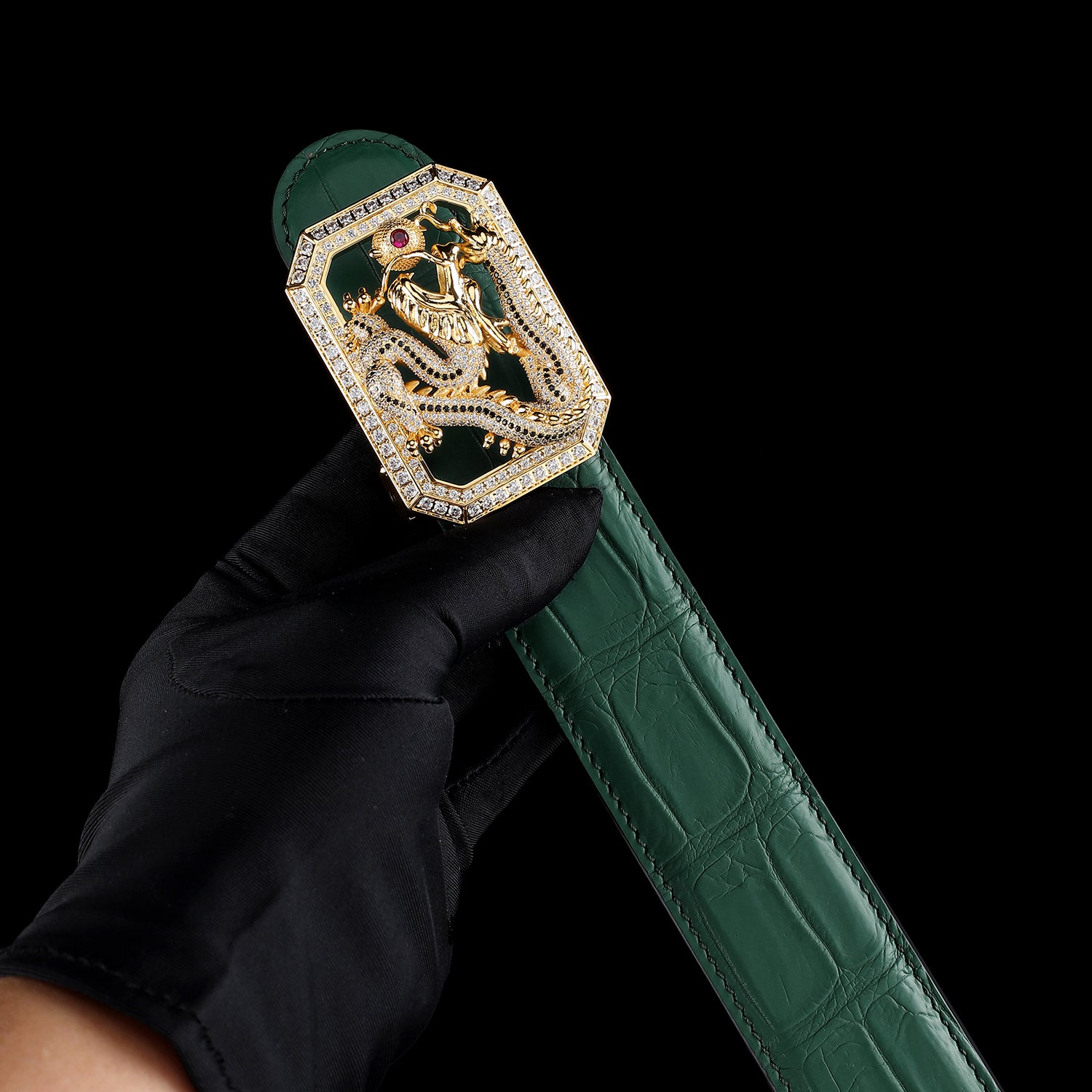 BELTLEY Emerald Green Crocodile Belt with Dragon Buckle