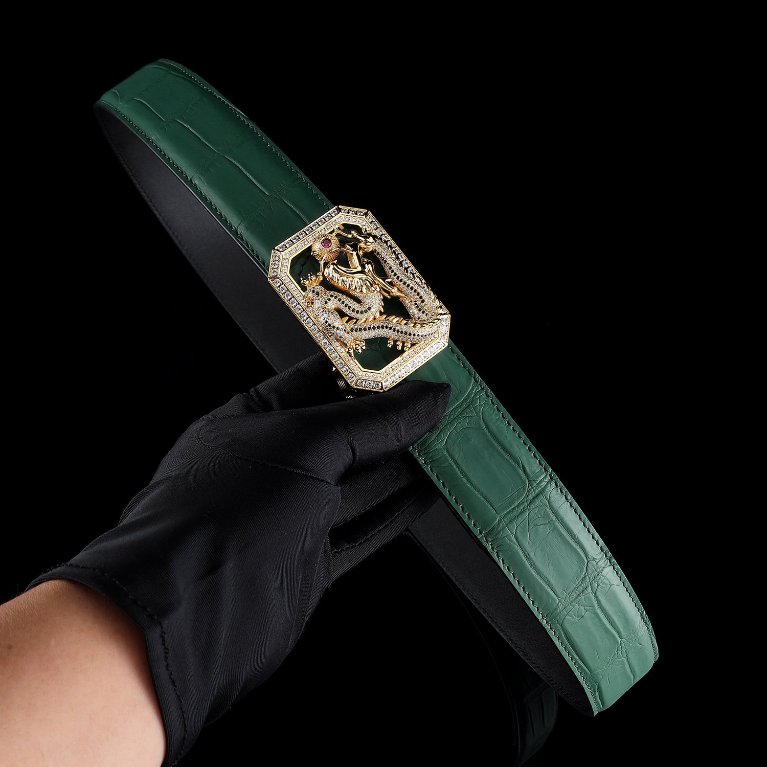 BELTLEY Emerald Green Crocodile Belt with Dragon Buckle