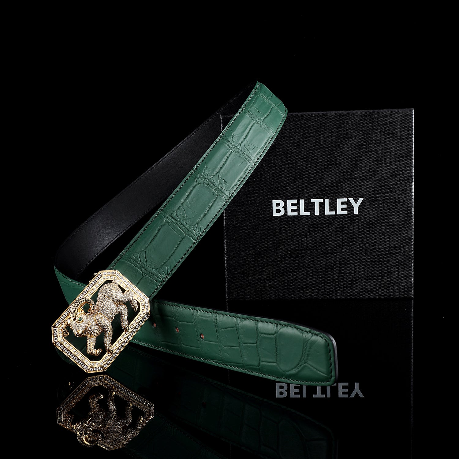 BELTLEY Emerald Green Crocodile Dress Belt With Goat Buckle