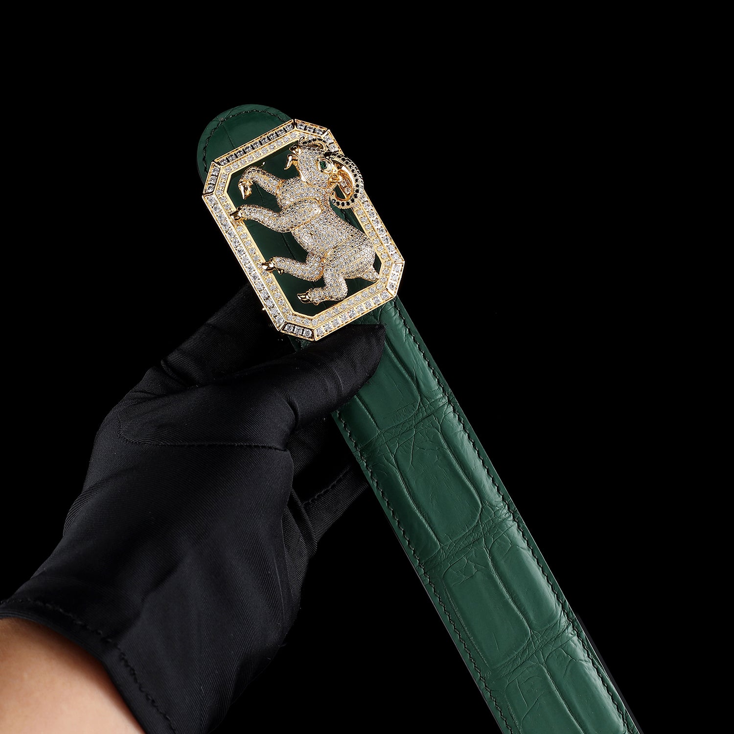 BELTLEY Emerald Green Crocodile Dress Belt With Goat Buckle