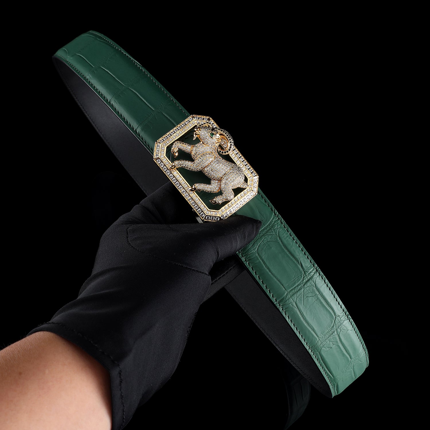 BELTLEY Emerald Green Crocodile Dress Belt With Goat Buckle
