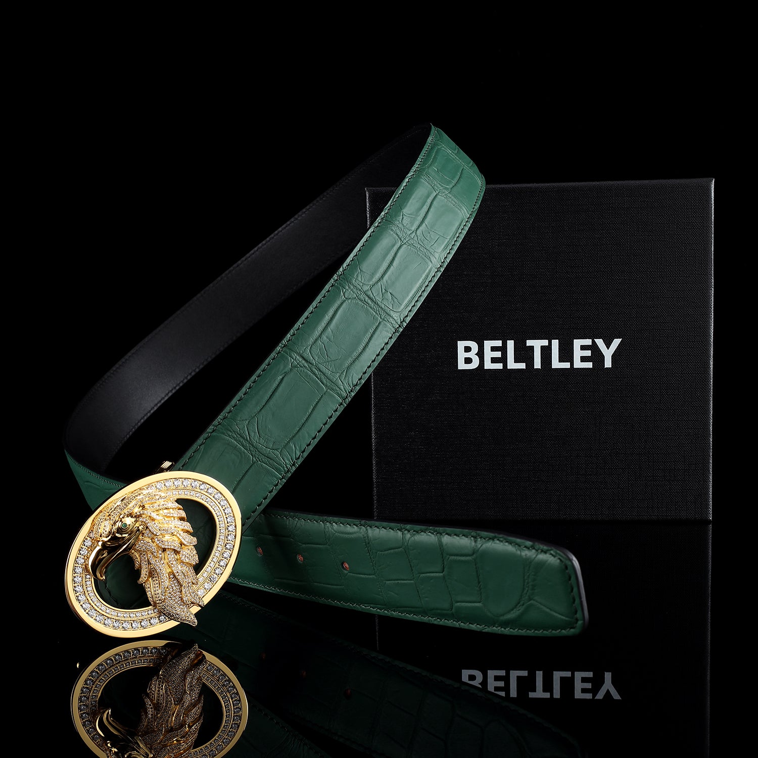 BELTLEY Emerald Green Crocodile Leather Belt With Gold Eagle