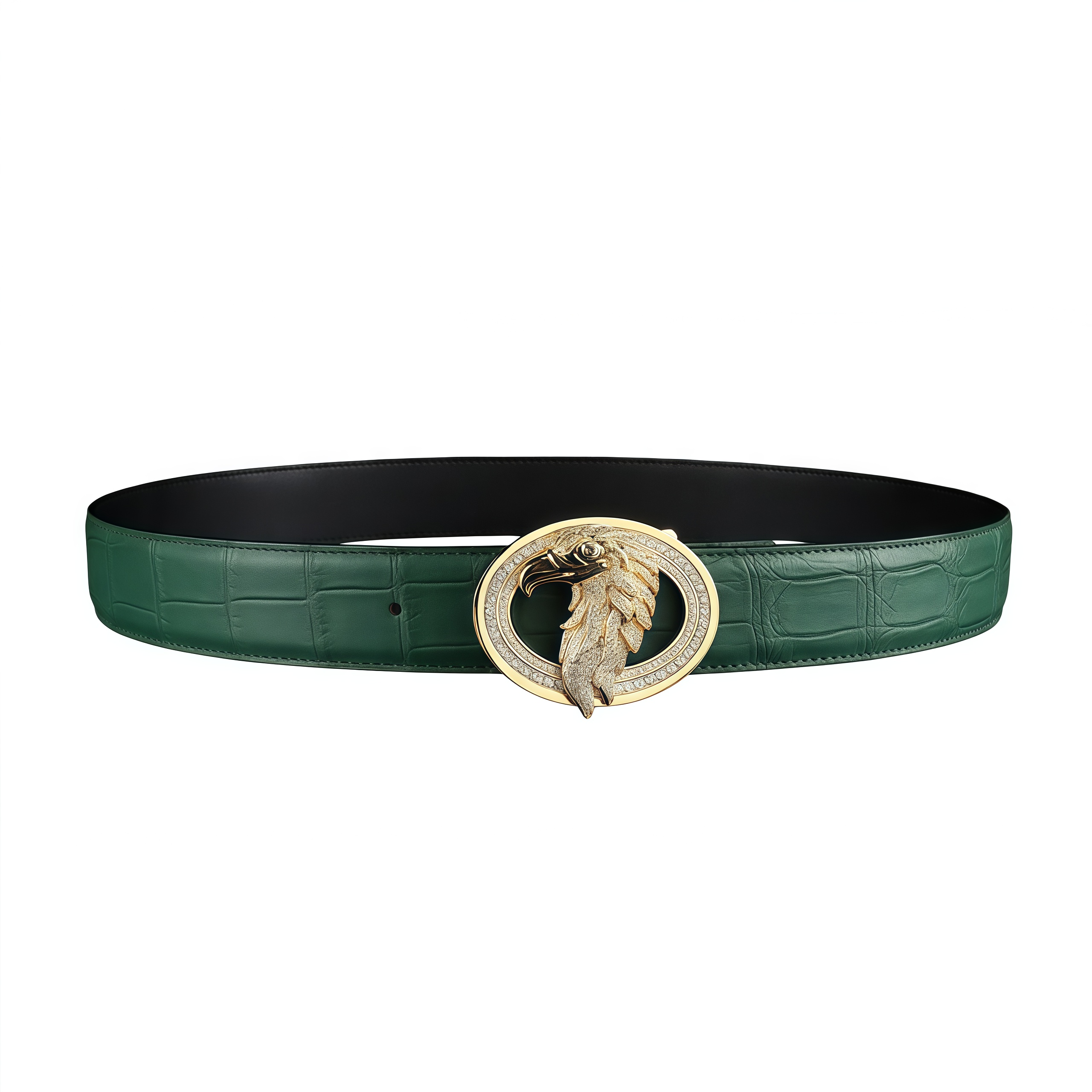 BELTLEY Emerald Green Crocodile Leather Belt With Gold Eagle