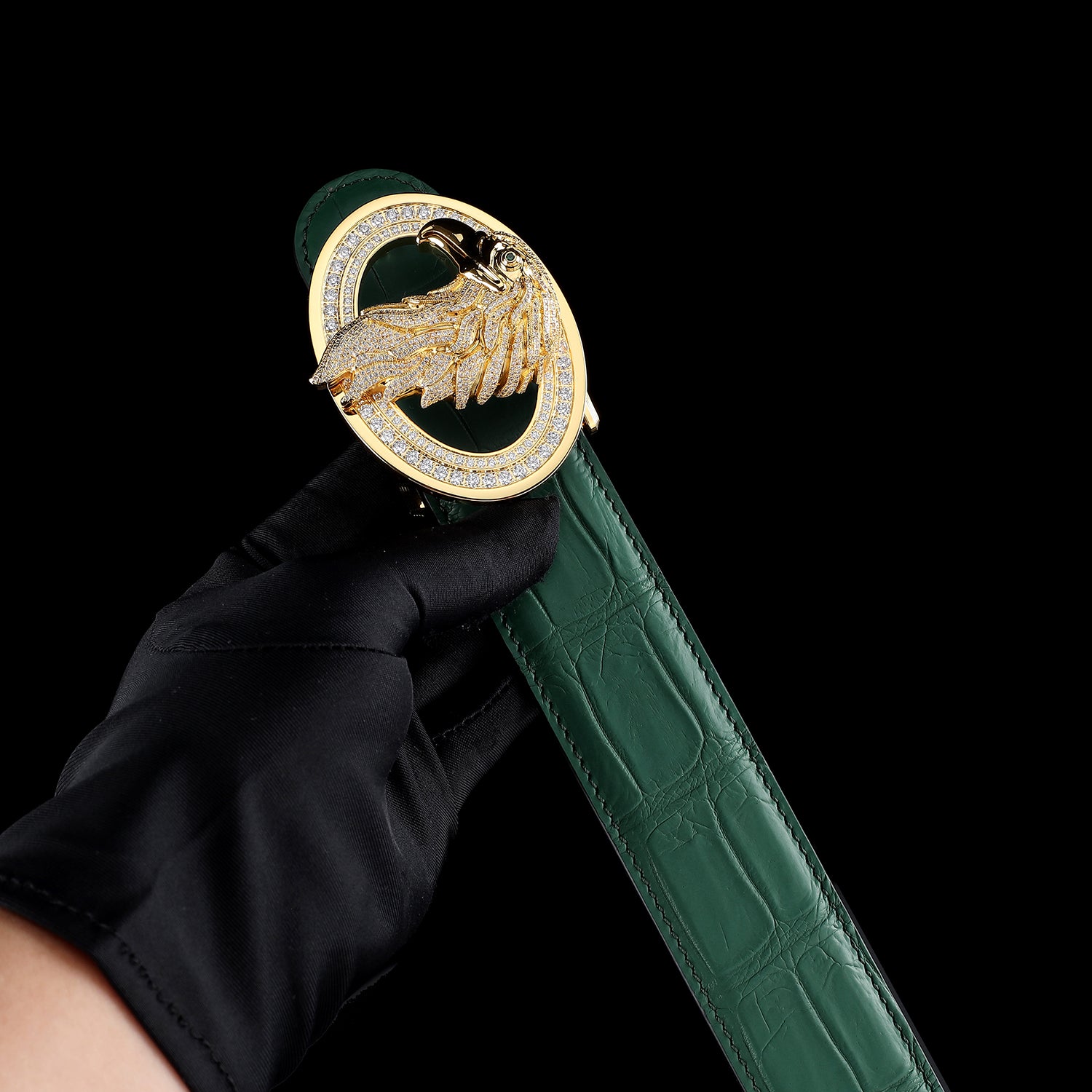 BELTLEY Emerald Green Crocodile Leather Belt With Gold Eagle