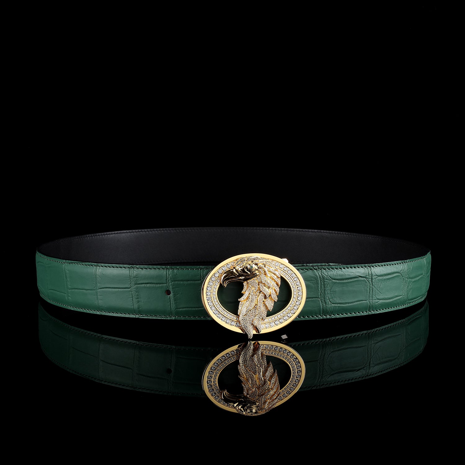 BELTLEY Emerald Green Crocodile Leather Belt With Gold Eagle