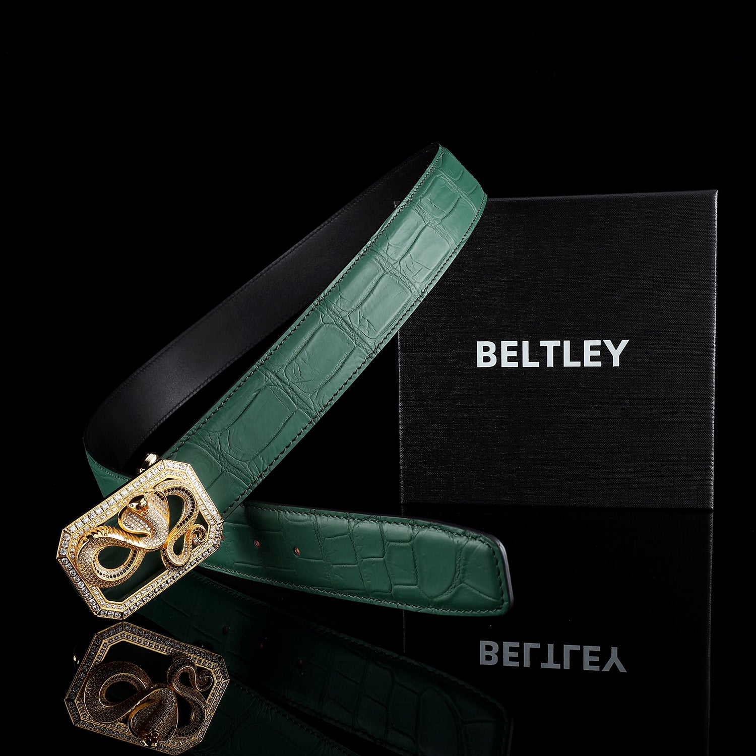 BELTLEY Emerald Green Genuine Crocodile Belt with Snake Buckle