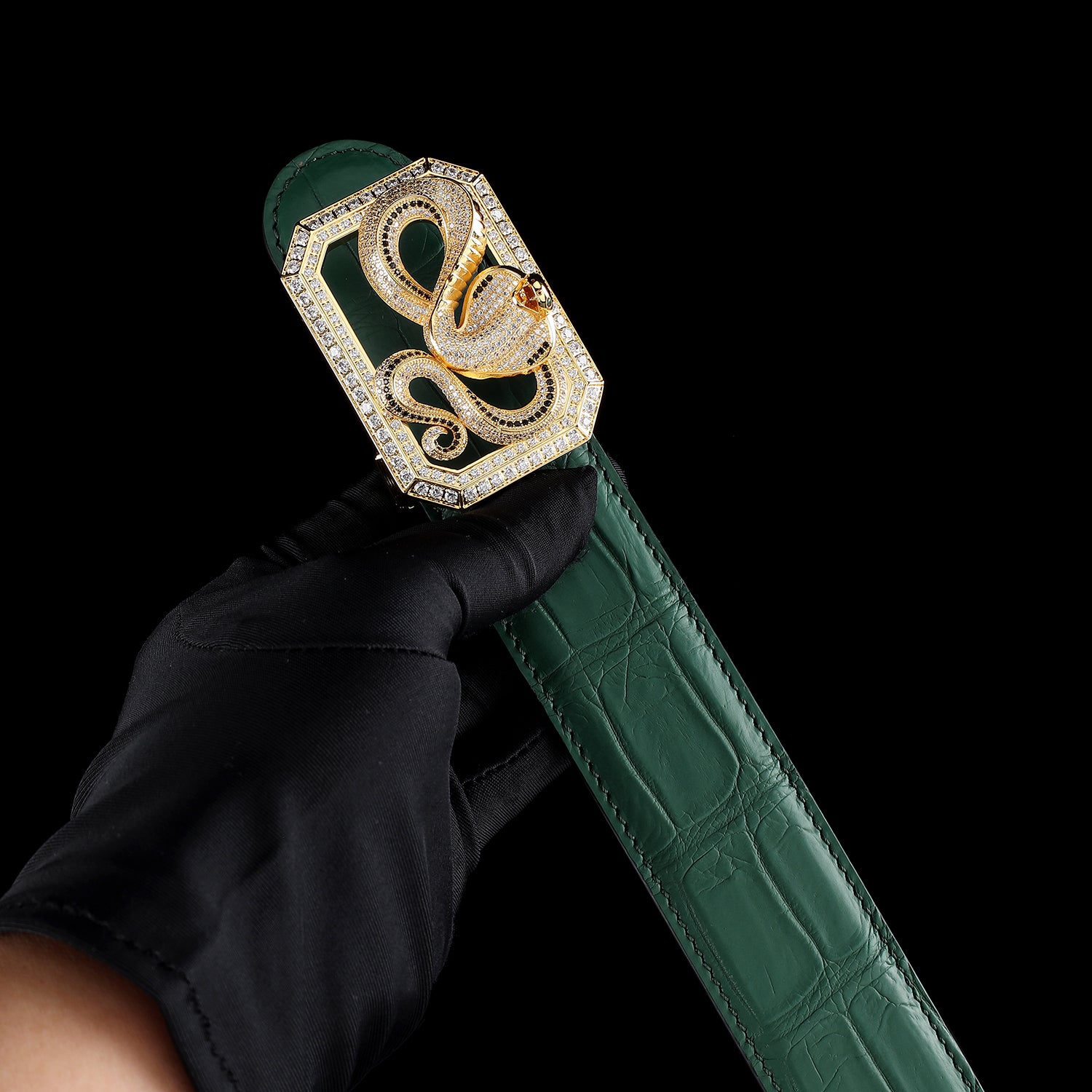 BELTLEY Emerald Green Genuine Crocodile Belt with Snake Buckle