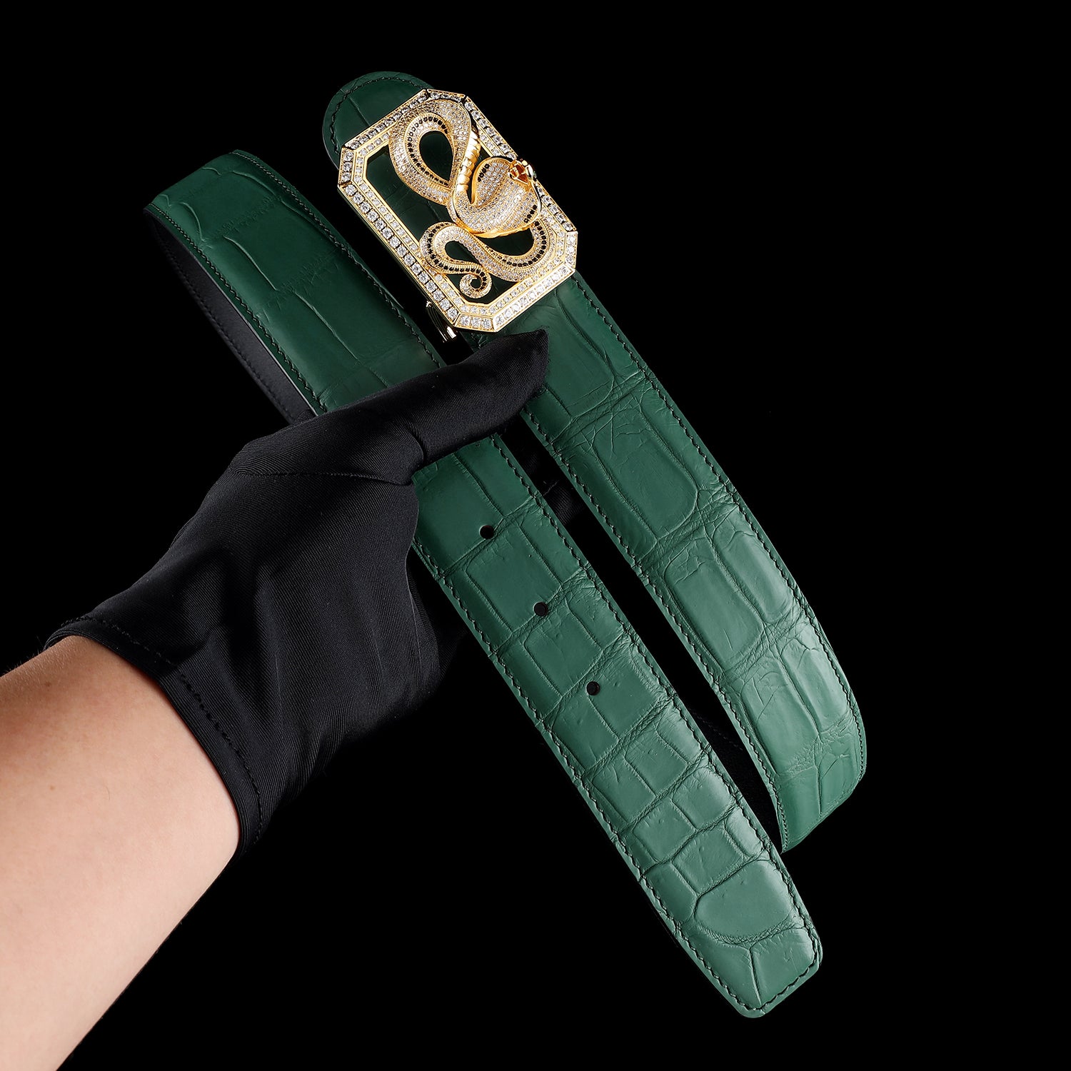BELTLEY Emerald Green Genuine Crocodile Belt with Snake Buckle