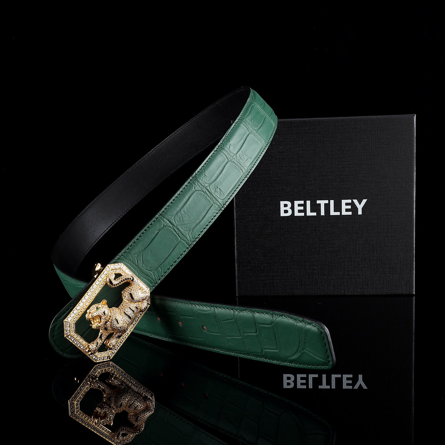 BELTLEY Emerald Green Handmade Crocodile Belt With Tiger Buckle