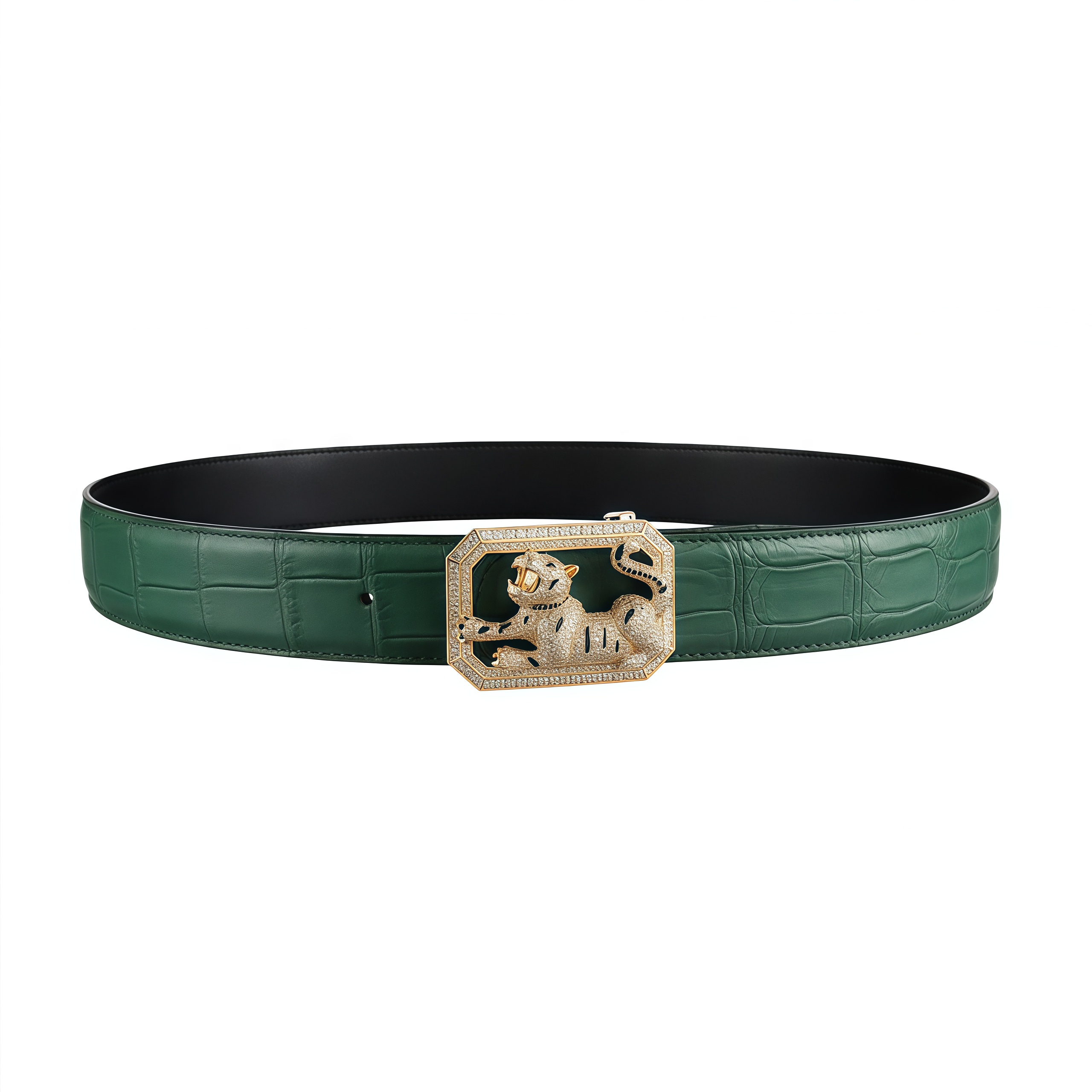 BELTLEY Emerald Green Handmade Crocodile Belt With Tiger Buckle