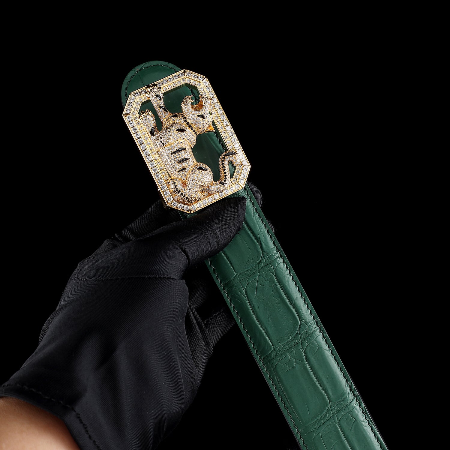 BELTLEY Emerald Green Handmade Crocodile Belt With Tiger Buckle