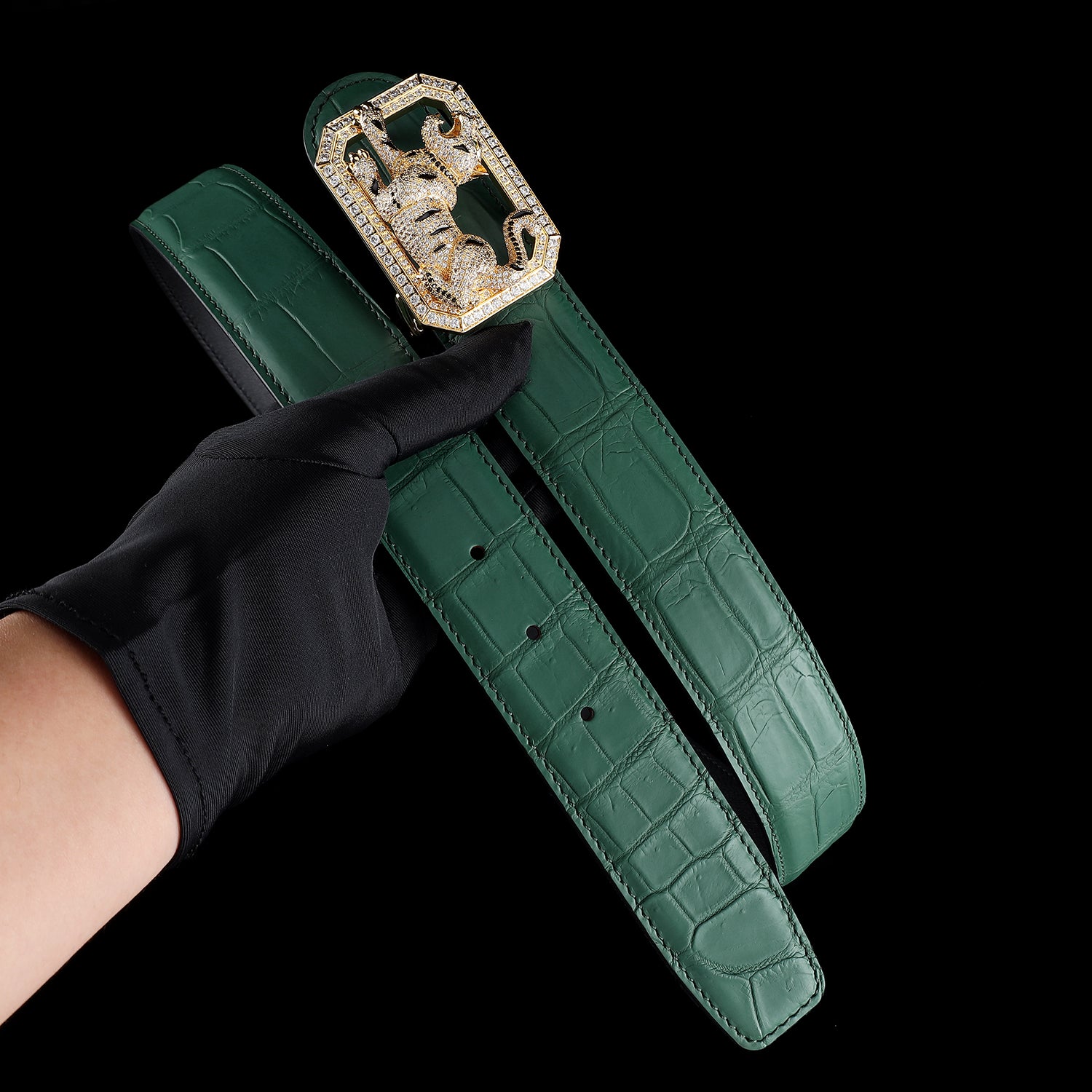 BELTLEY Emerald Green Handmade Crocodile Belt With Tiger Buckle