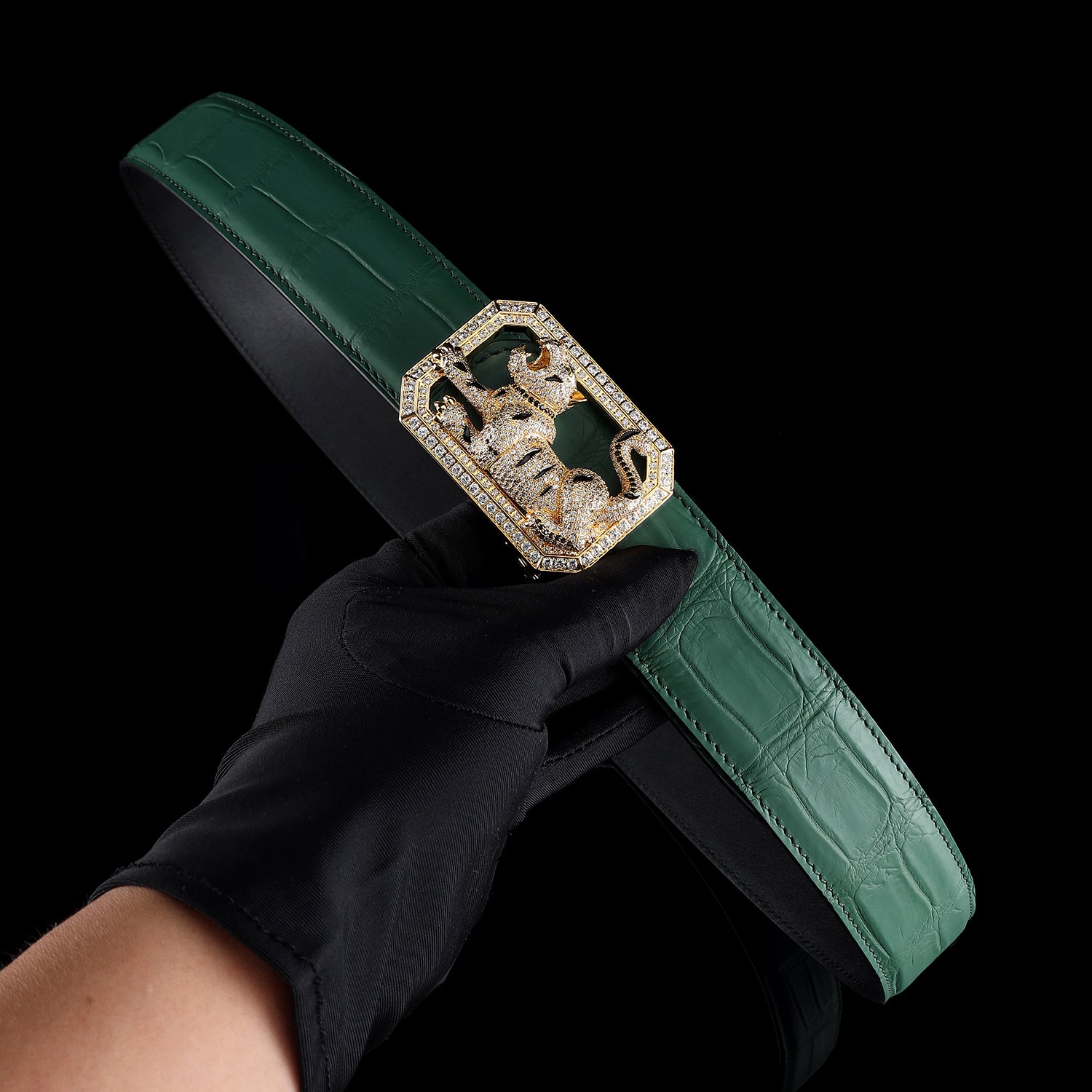 BELTLEY Emerald Green Handmade Crocodile Belt With Tiger Buckle