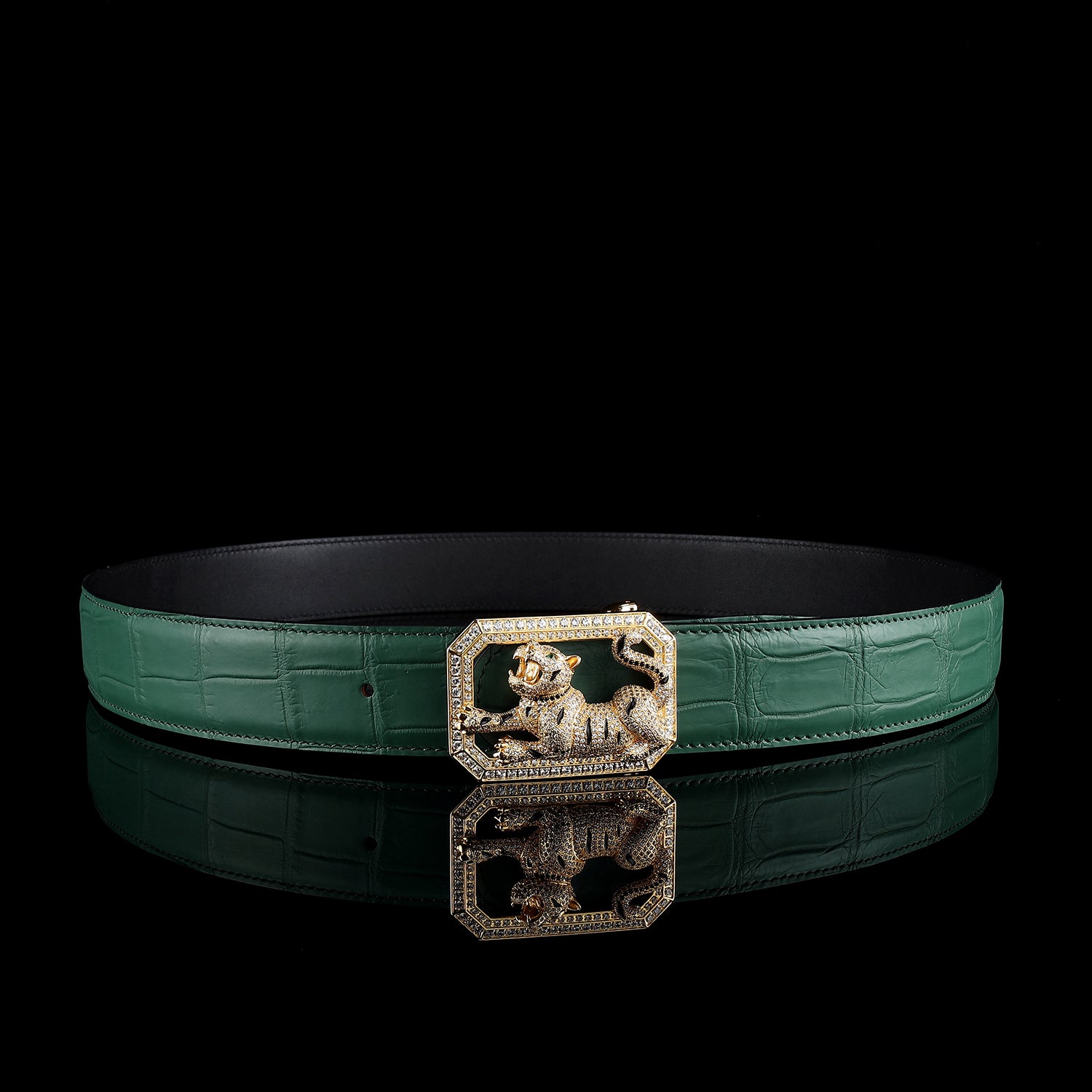 BELTLEY Emerald Green Handmade Crocodile Belt With Tiger Buckle