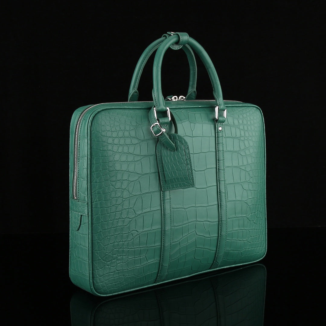 BELTLEY Emerald Green Matte Crocodile Leather Briefcase