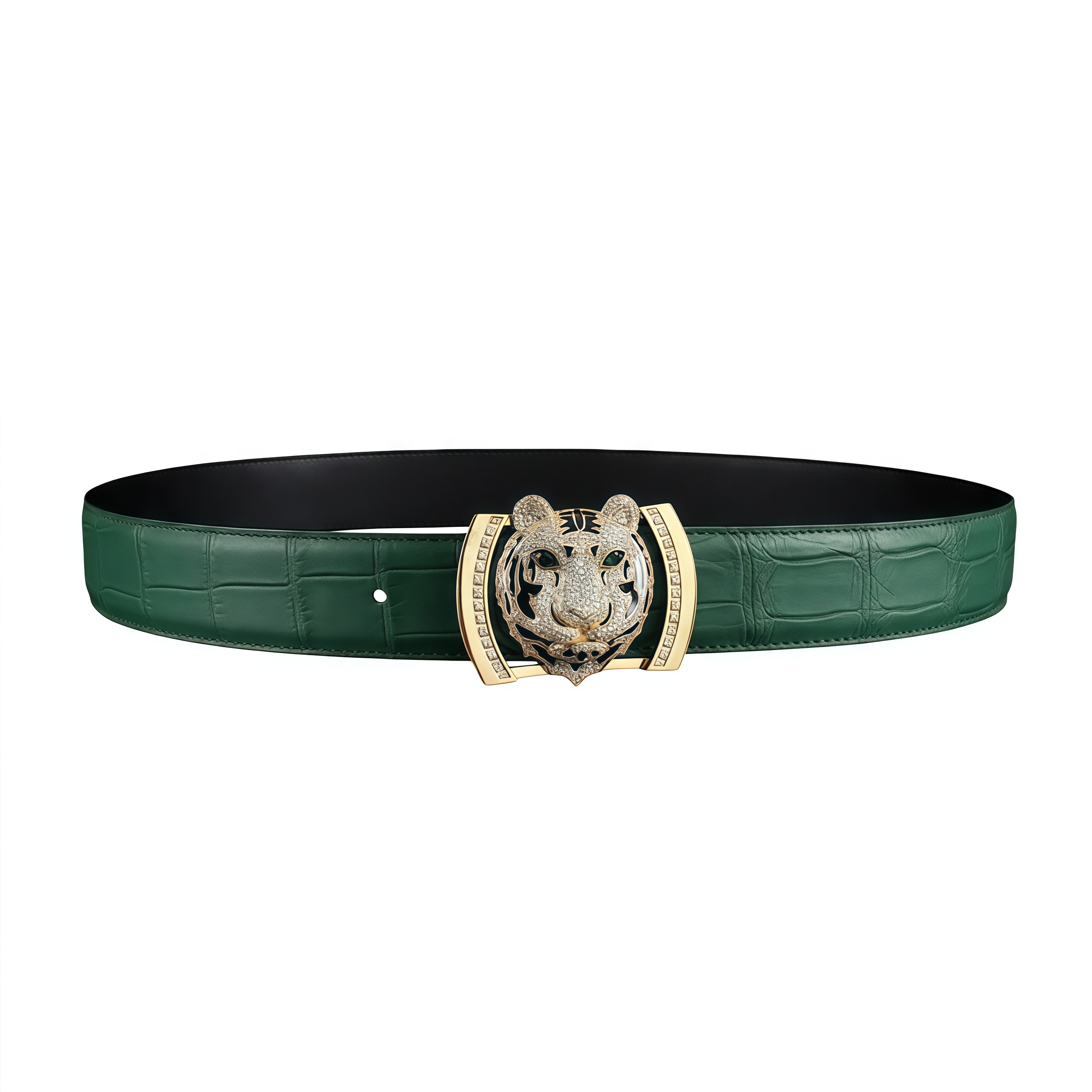 BELTLEY Emerald Green Real Crocodile Belt With 3D Tiger Head Buckle
