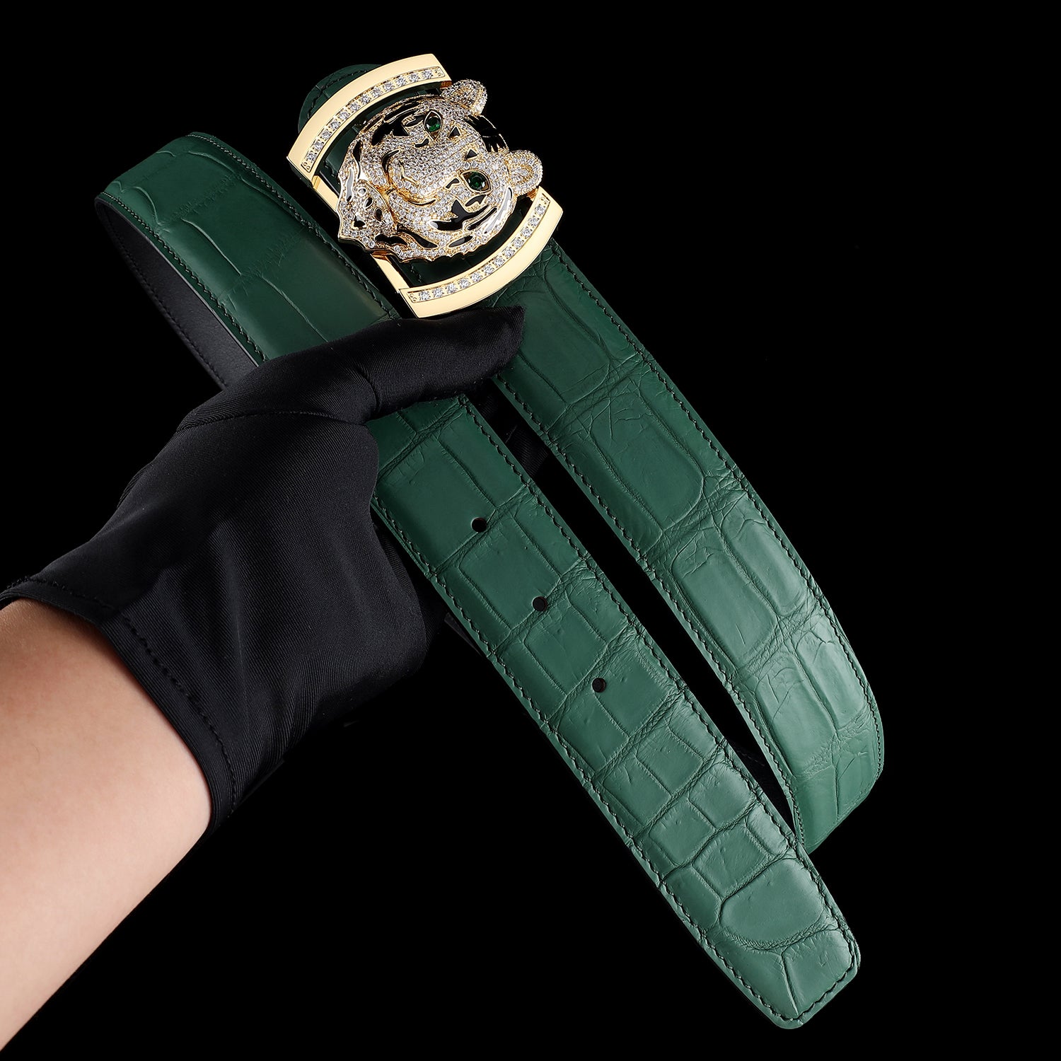 BELTLEY Emerald Green Real Crocodile Belt With 3D Tiger Head Buckle