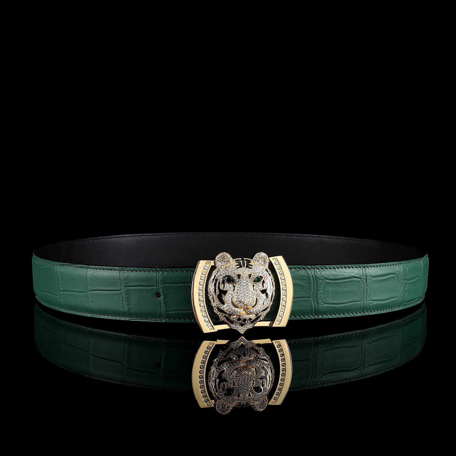 BELTLEY Emerald Green Real Crocodile Belt With 3D Tiger Head Buckle
