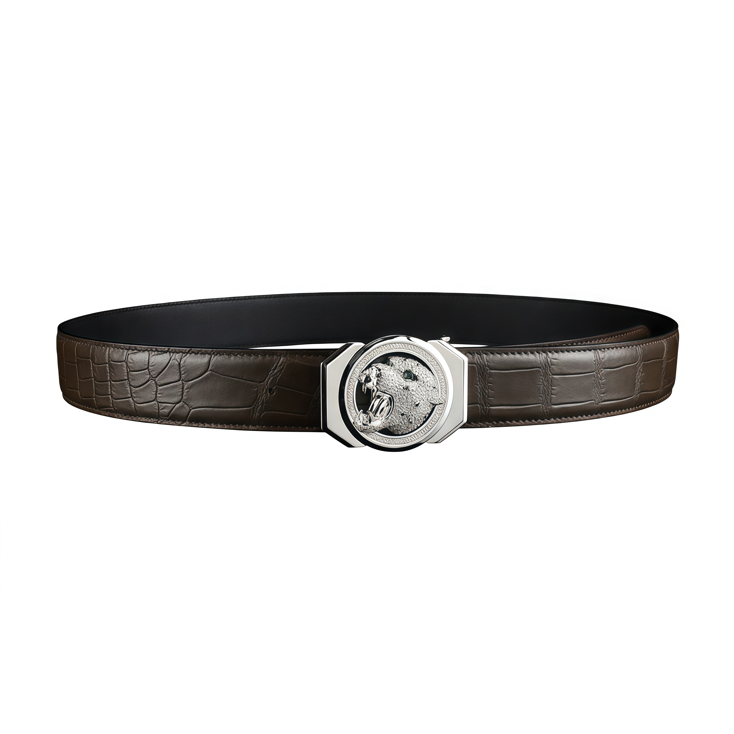 BELTLEY Espresso Brown Crocodile Belt – Roaring Leopard Edition